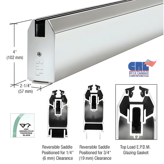 CRL Polished Stainless 4" Custom Length Tapered Sidelite Rail for 3/4" Glass