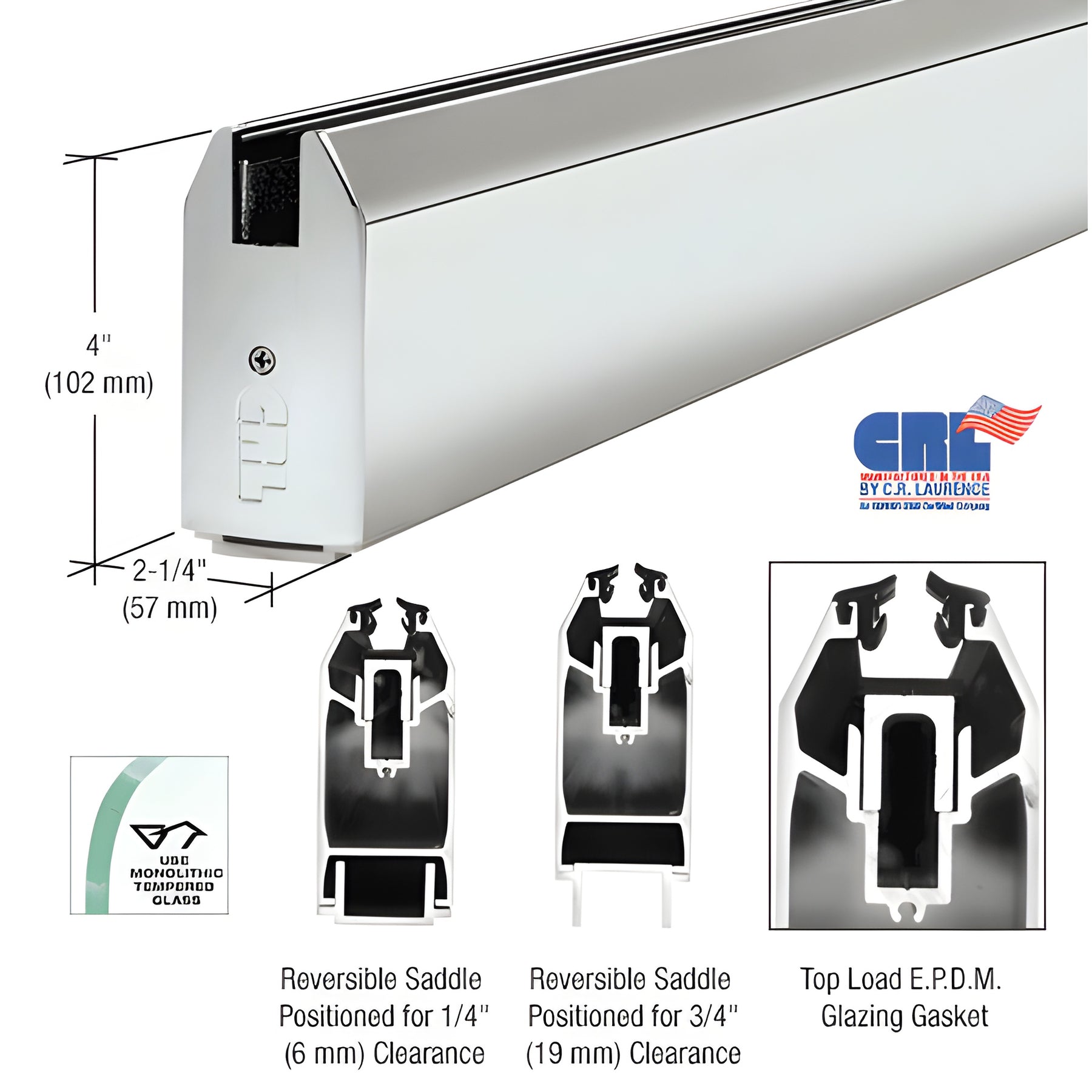 CRL Polished Stainless 4" Custom Length Tapered Sidelite Rail for 3/4" Glass