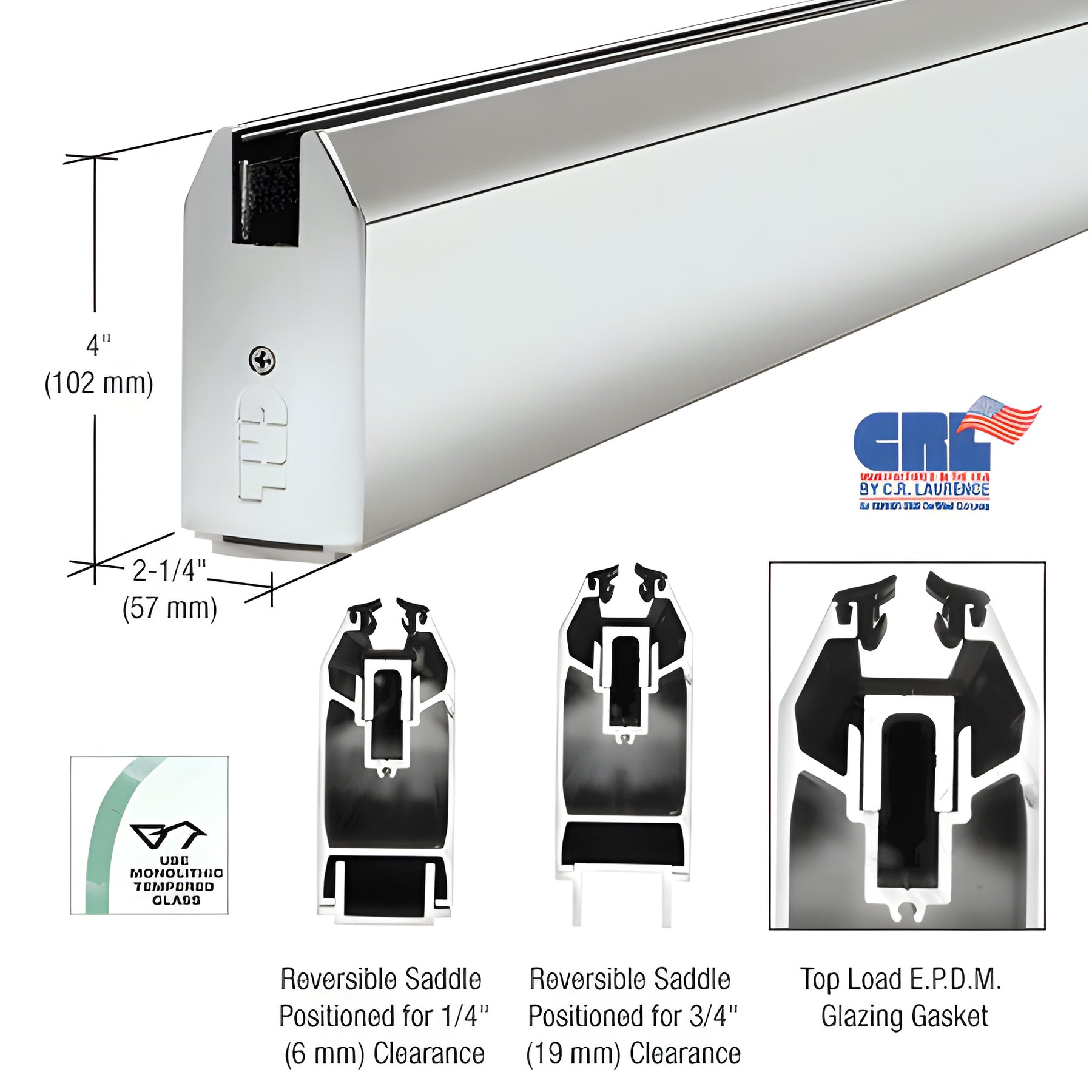 CRL Polished Stainless 4" Tapered Sidelite Rail for 3/4" Glass