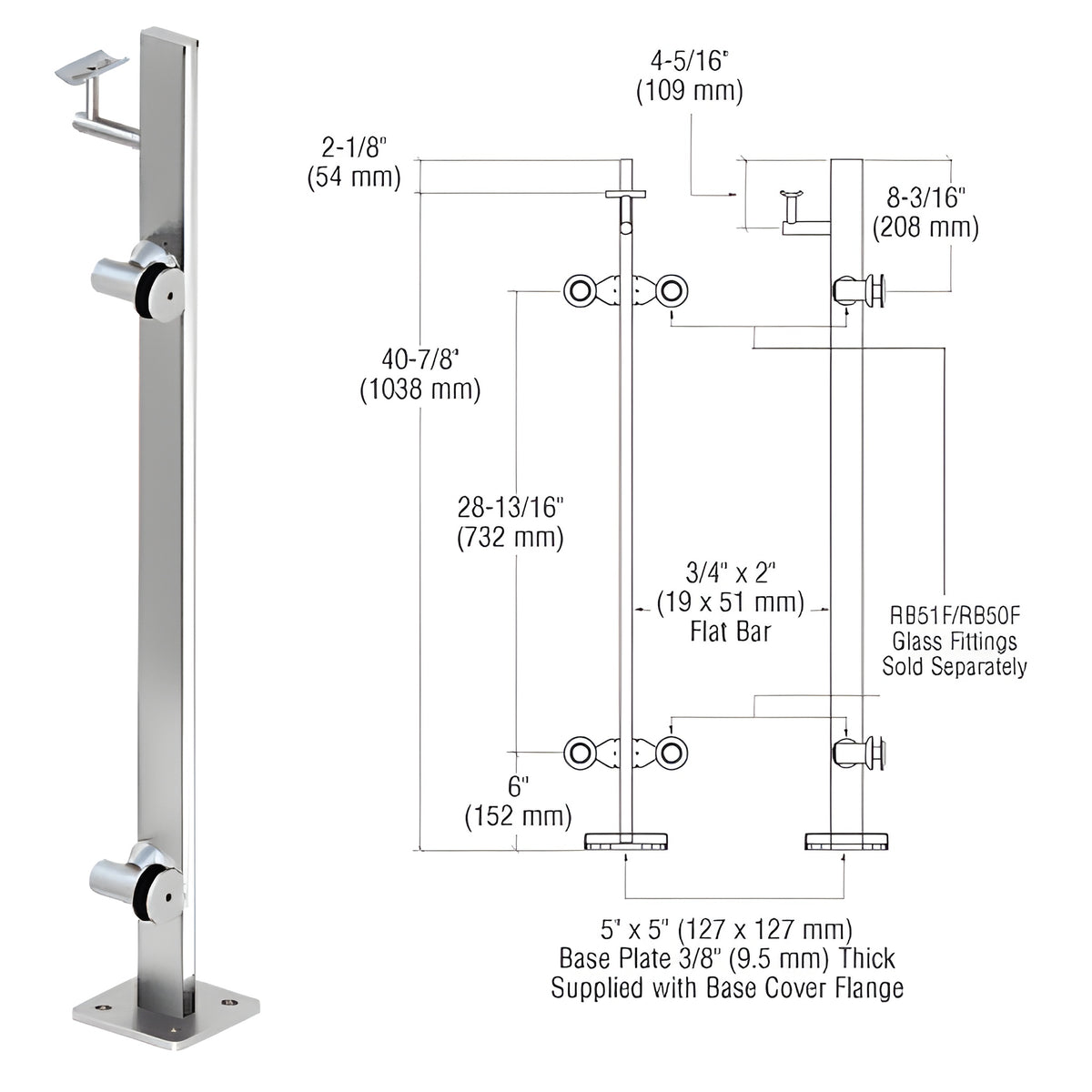 CRL Polished Stainless 42" P3 Series Right Hand End Post Railing Kit