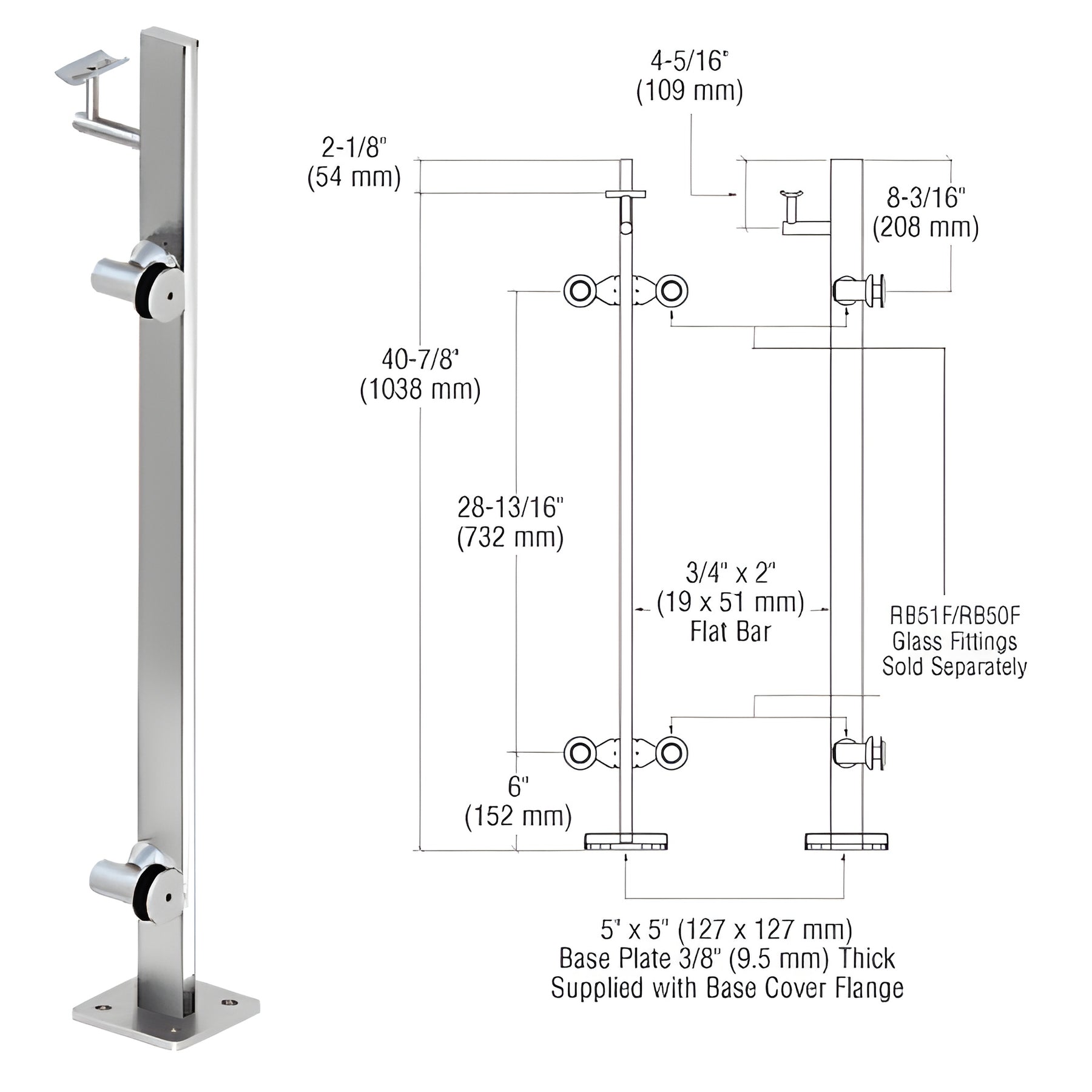 CRL Polished Stainless 42" P3 Series Right Hand End Post Railing Kit