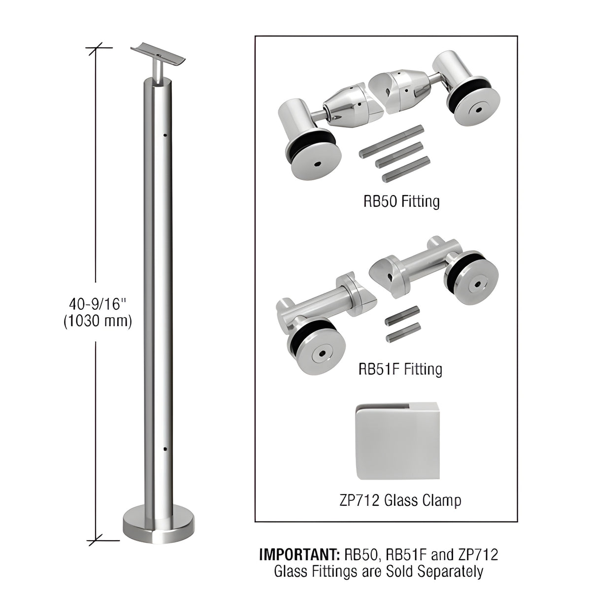 CRL Polished Stainless 42" P7 Series 180 Degree Center Post Railing Kit No Fittings