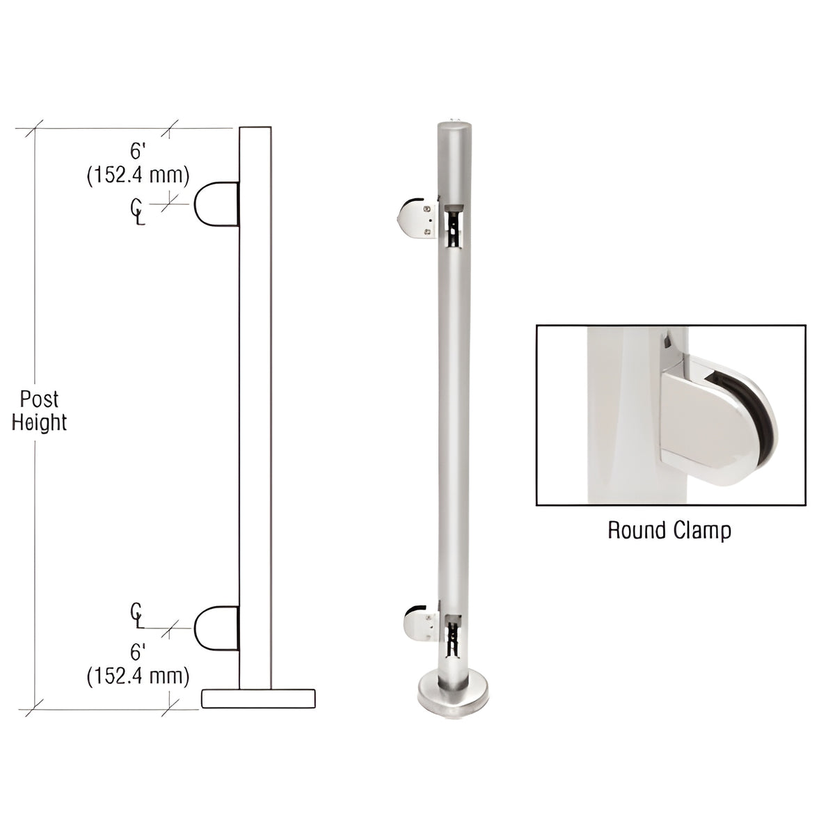 CRL Polished Stainless 42" Steel Round Glass Clamp 90 Degree Corner Post Railing Kit