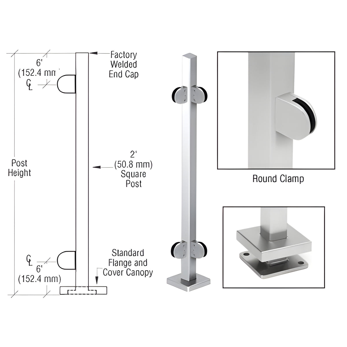 CRL Polished Stainless 42" Steel Round Glass Clamp 90º Corner Post Railing Kit