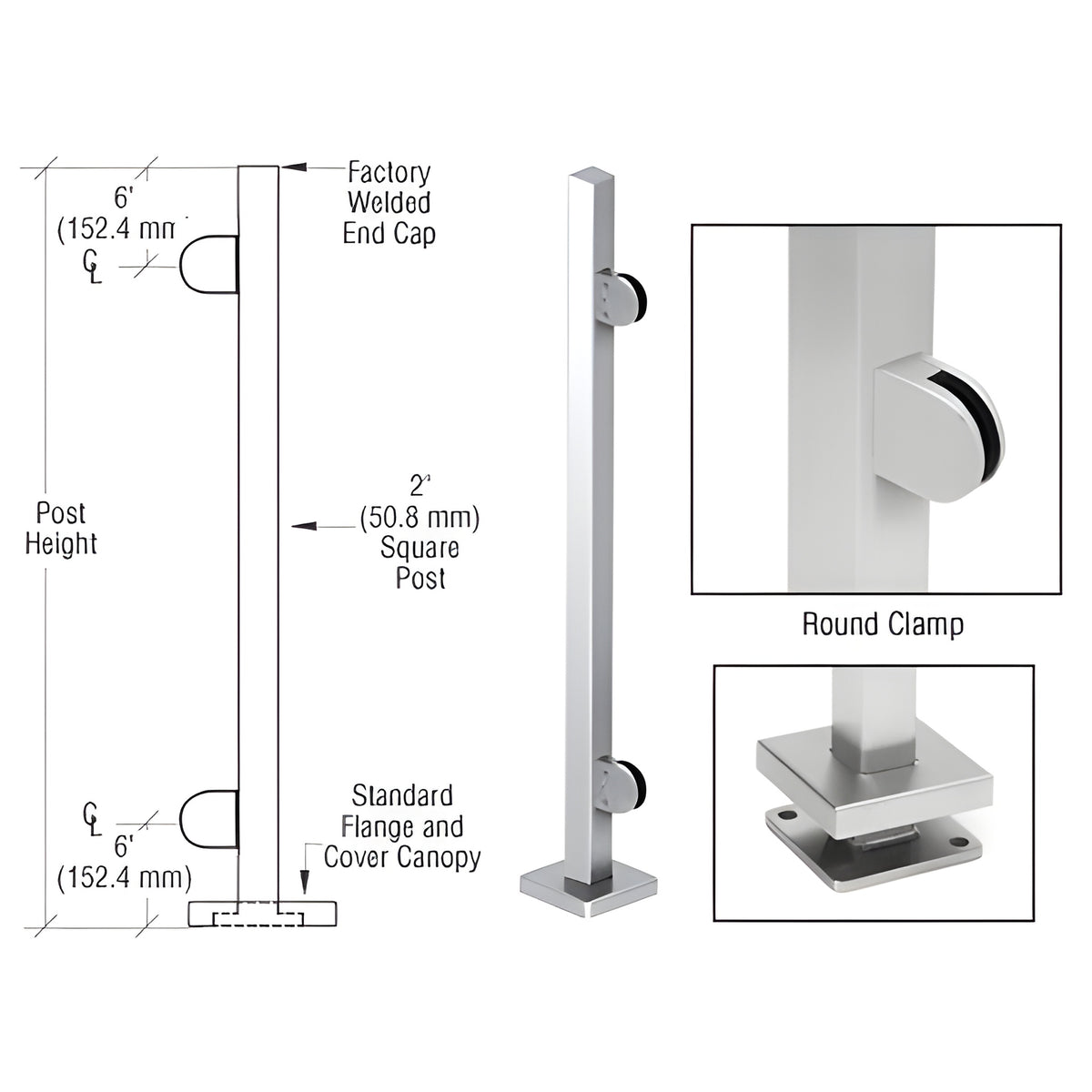 CRL Polished Stainless 42" Steel Round Glass Clamp End Square Post Railing Kit