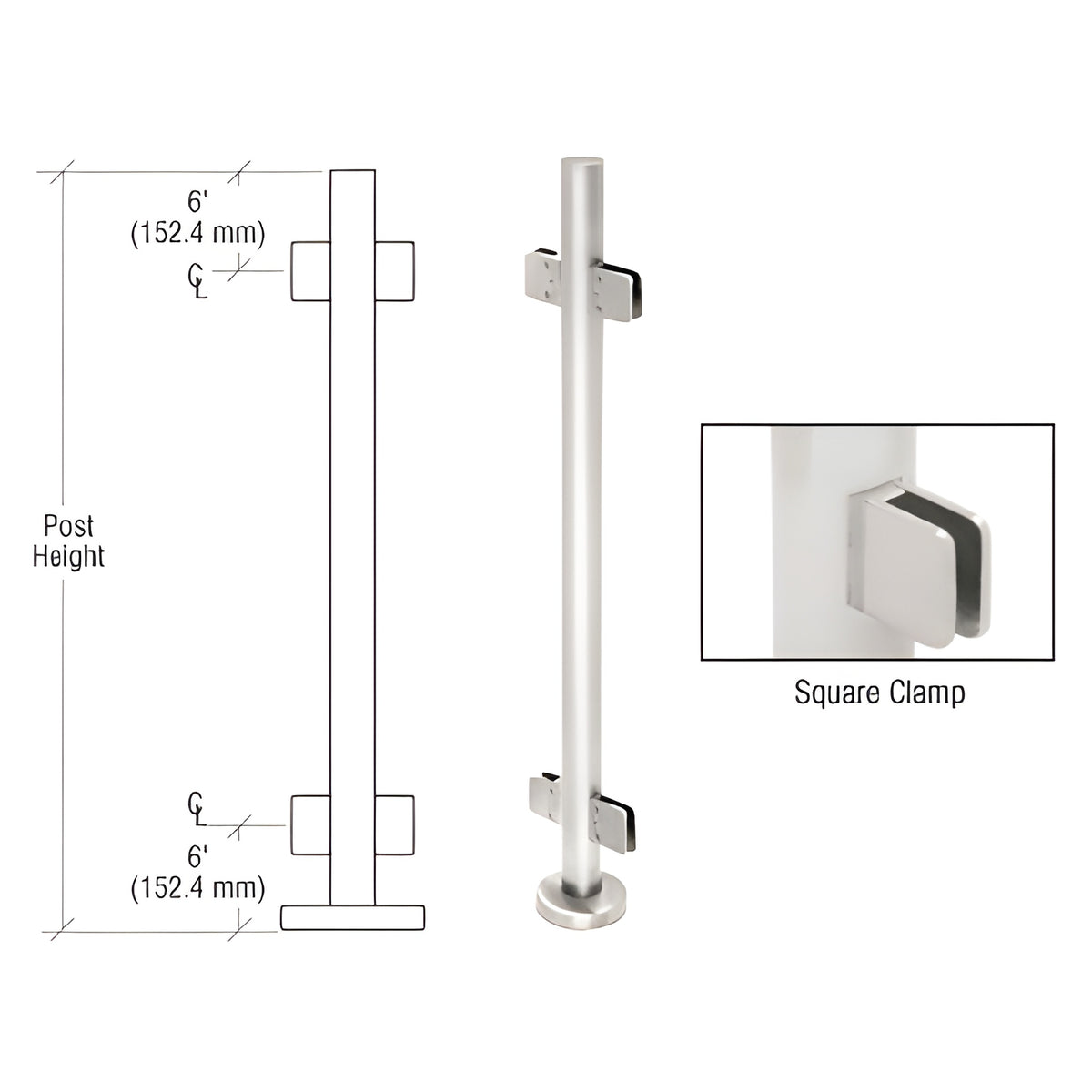 CRL Polished Stainless 42" Steel Square Glass Clamp 180 Degree Center Post Railing Kit
