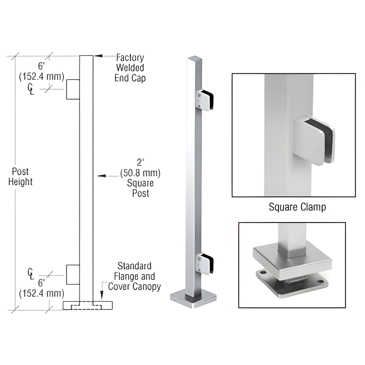 CRL Polished Stainless 42" Steel Square Glass Clamp End Square Post Railing Kit