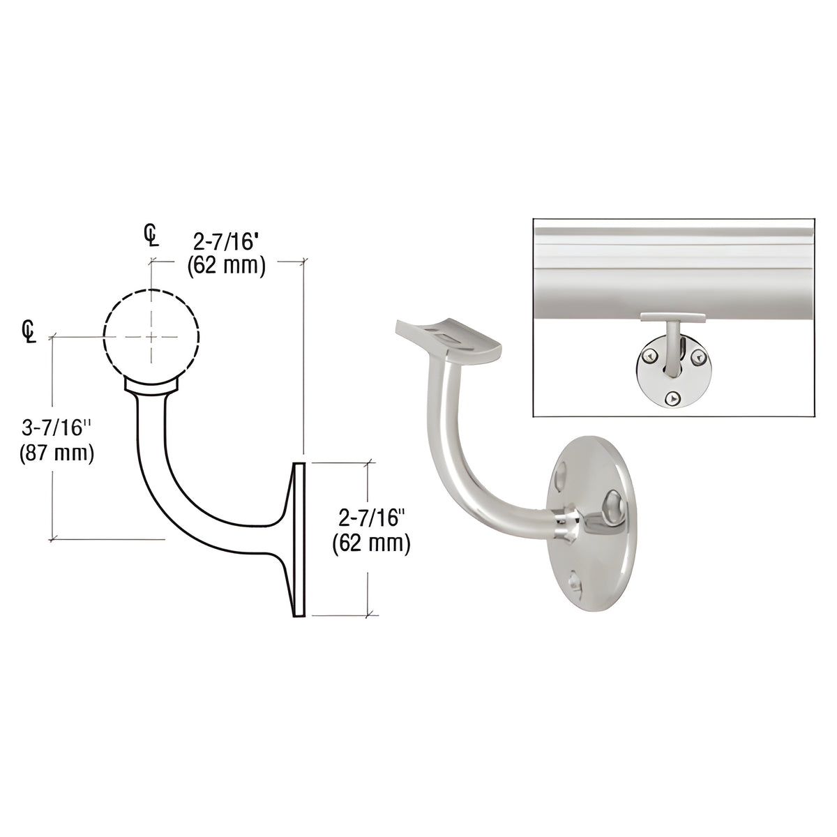 CRL Polished Stainless Del Mar Series Wall Mounted Hand Railing Bracket for 2" Tubing