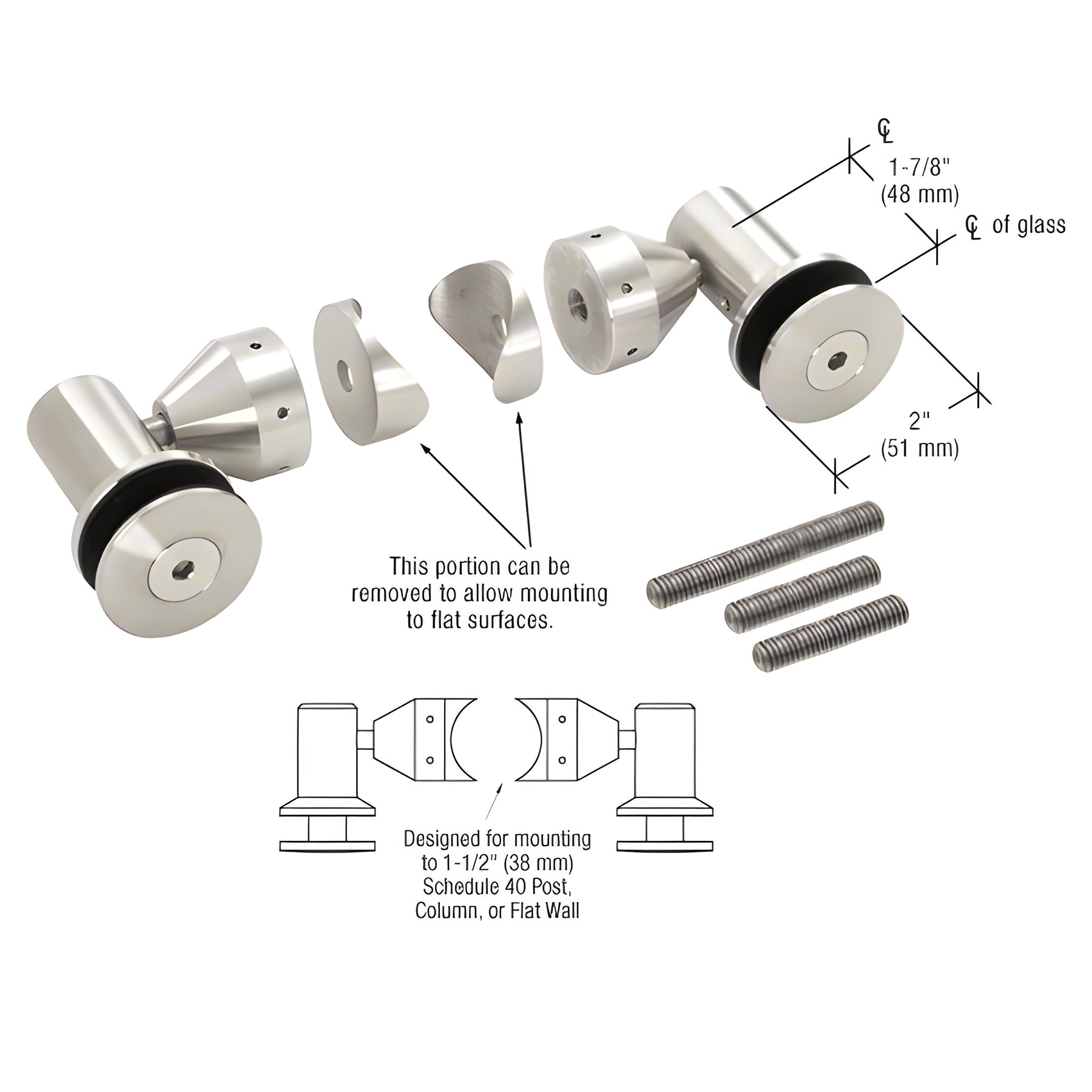 CRL Polished Stainless Double Arm Fixed Fitting Set for 1/2" Glass