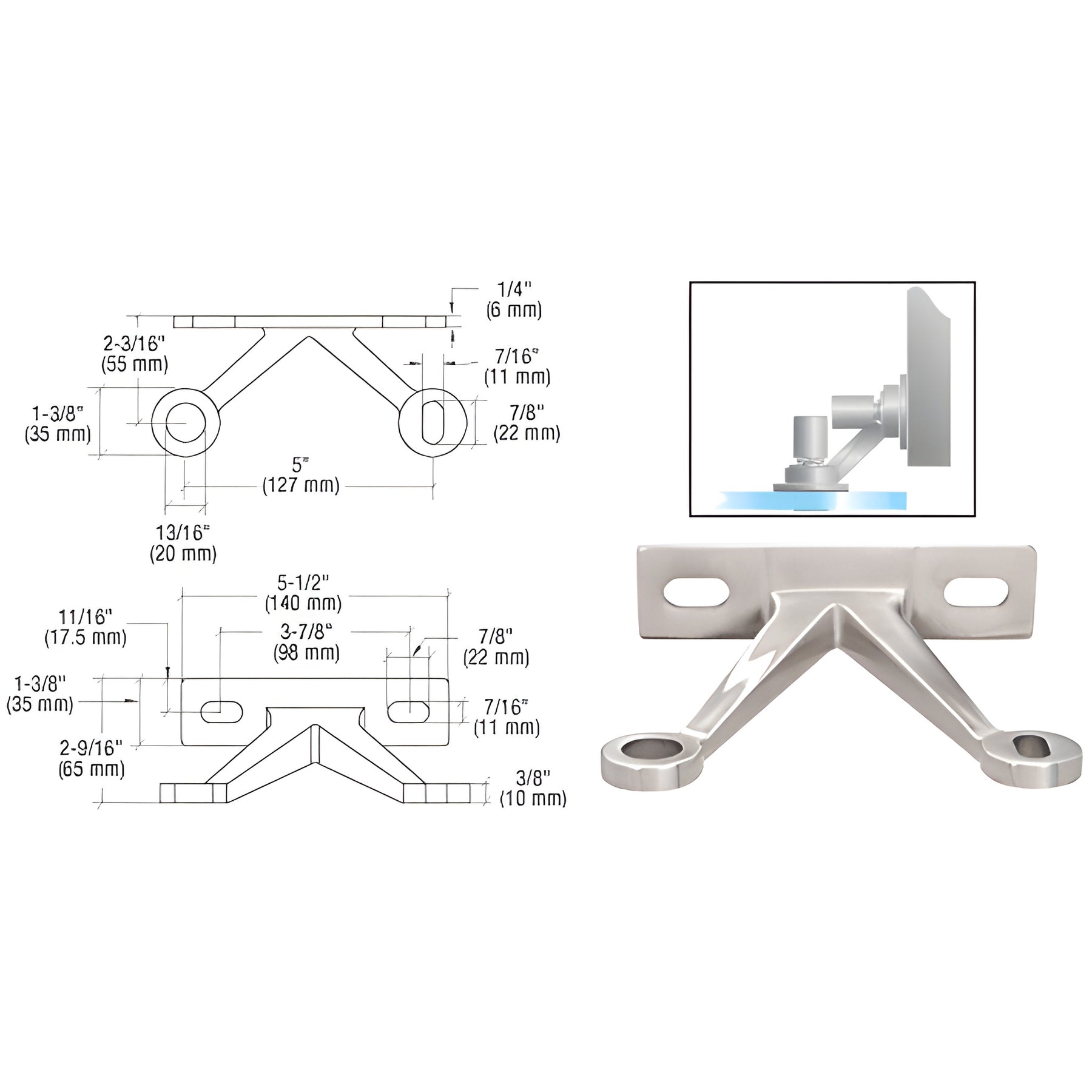 CRL Polished Stainless Double Arm “V” Wall/Fin Mounted Fitting