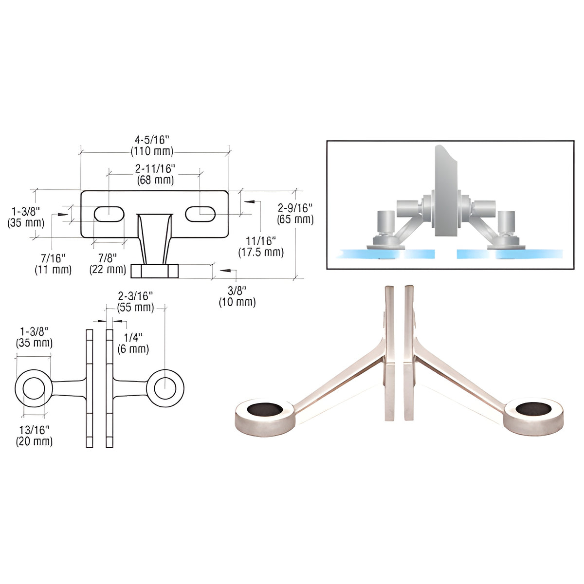 CRL Polished Stainless Double Arm Wall/Fin Mounted Fitting