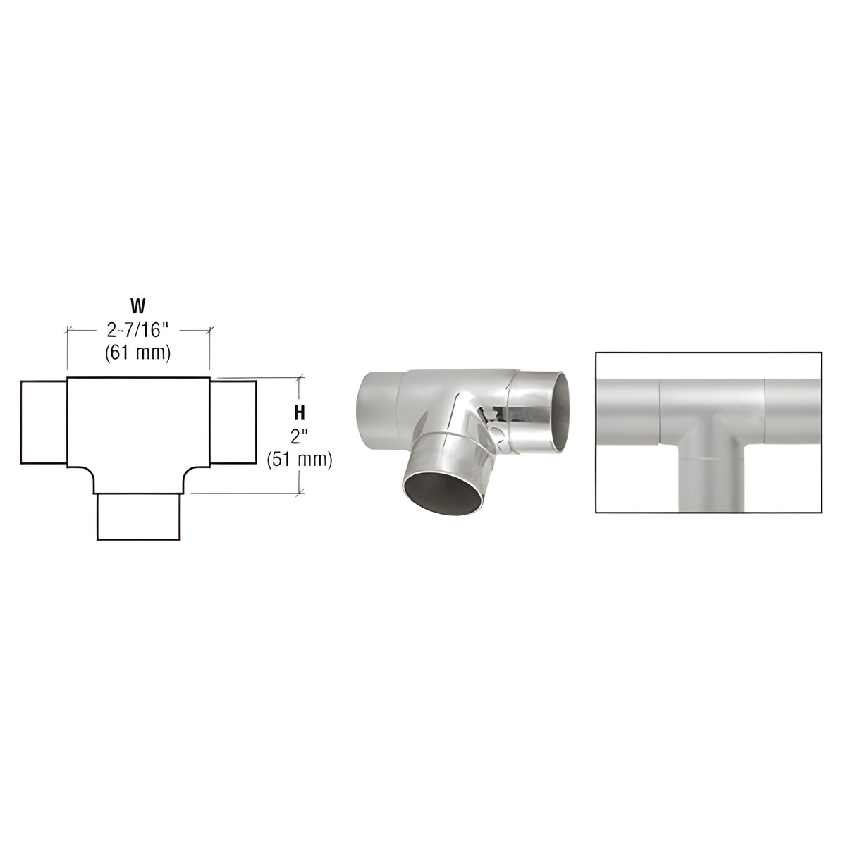 CRL Polished Stainless Flush Tee for 1-1/2" Tubing