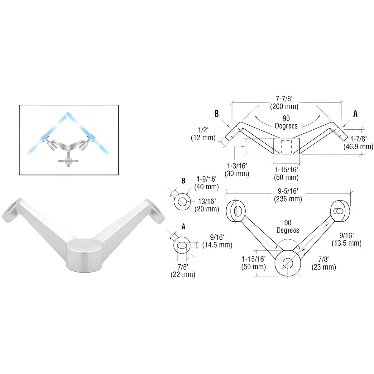 CRL Polished Stainless Heavy Duty 90 Degree 2V Arm Column Mount Spider Fitting