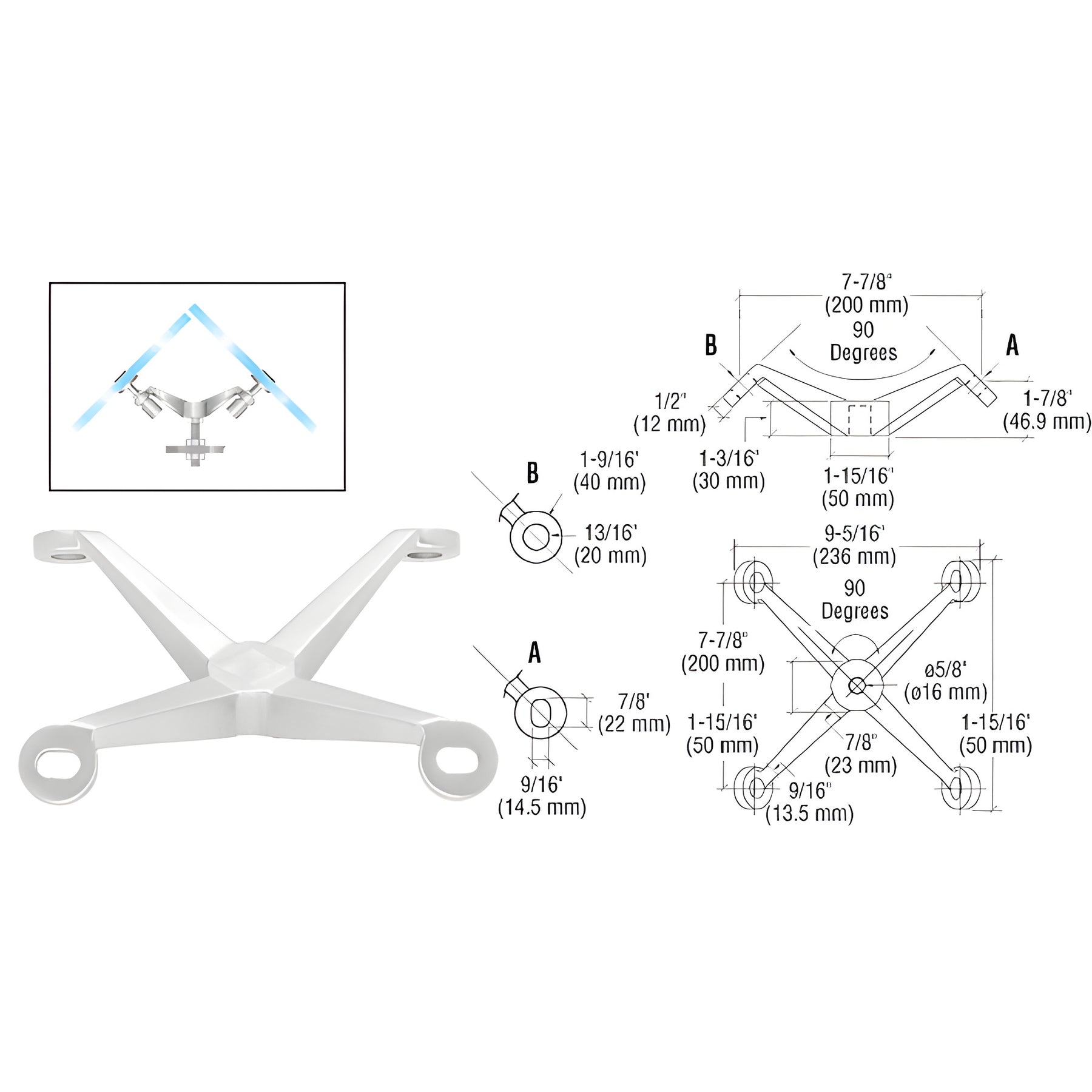 CRL Polished Stainless Heavy Duty 90 Degree 4-Way Column Mount Spider