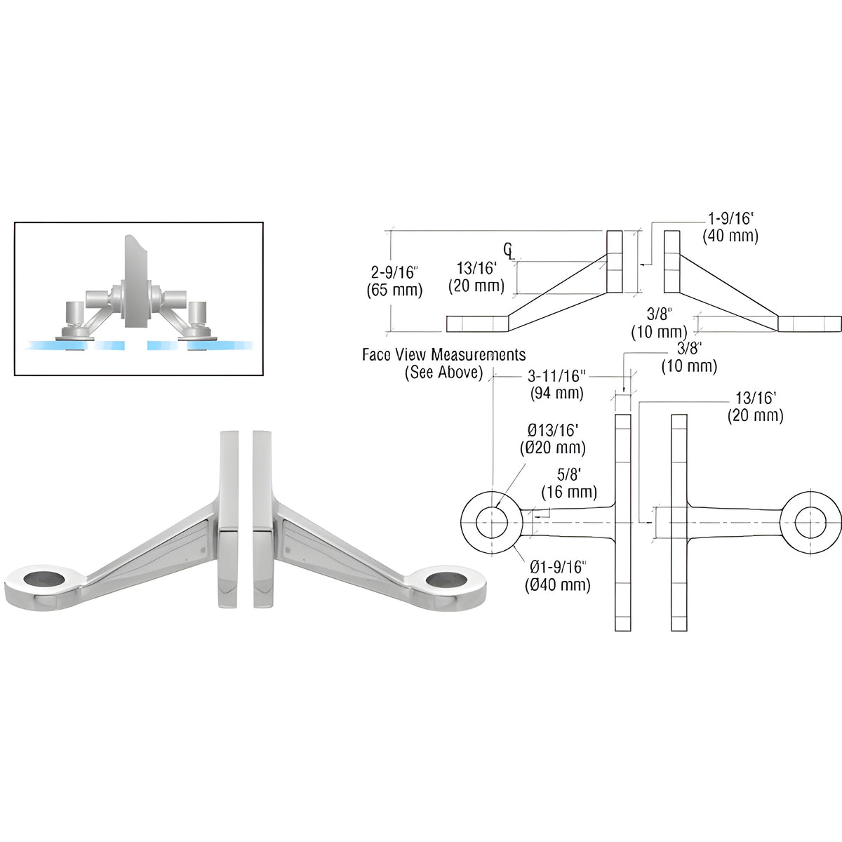 CRL Polished Stainless Heavy-Duty Spider Fitting Double Arm Fin Mount Frame