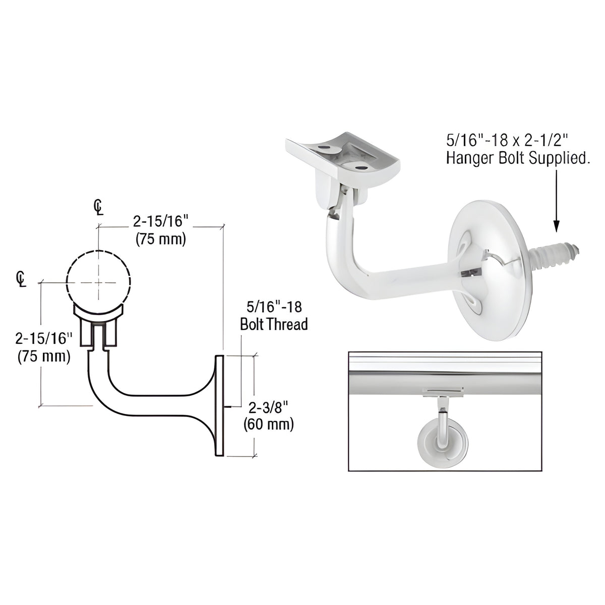 CRL Polished Stainless La Jolla Series Wall Mounted Hand Rail Bracket