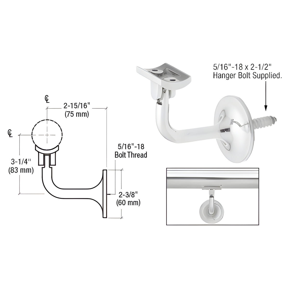 CRL Polished Stainless La Jolla Series Wall Mounted Hand Rail Bracket for 1.9" to 2" Hand Rail Tubing