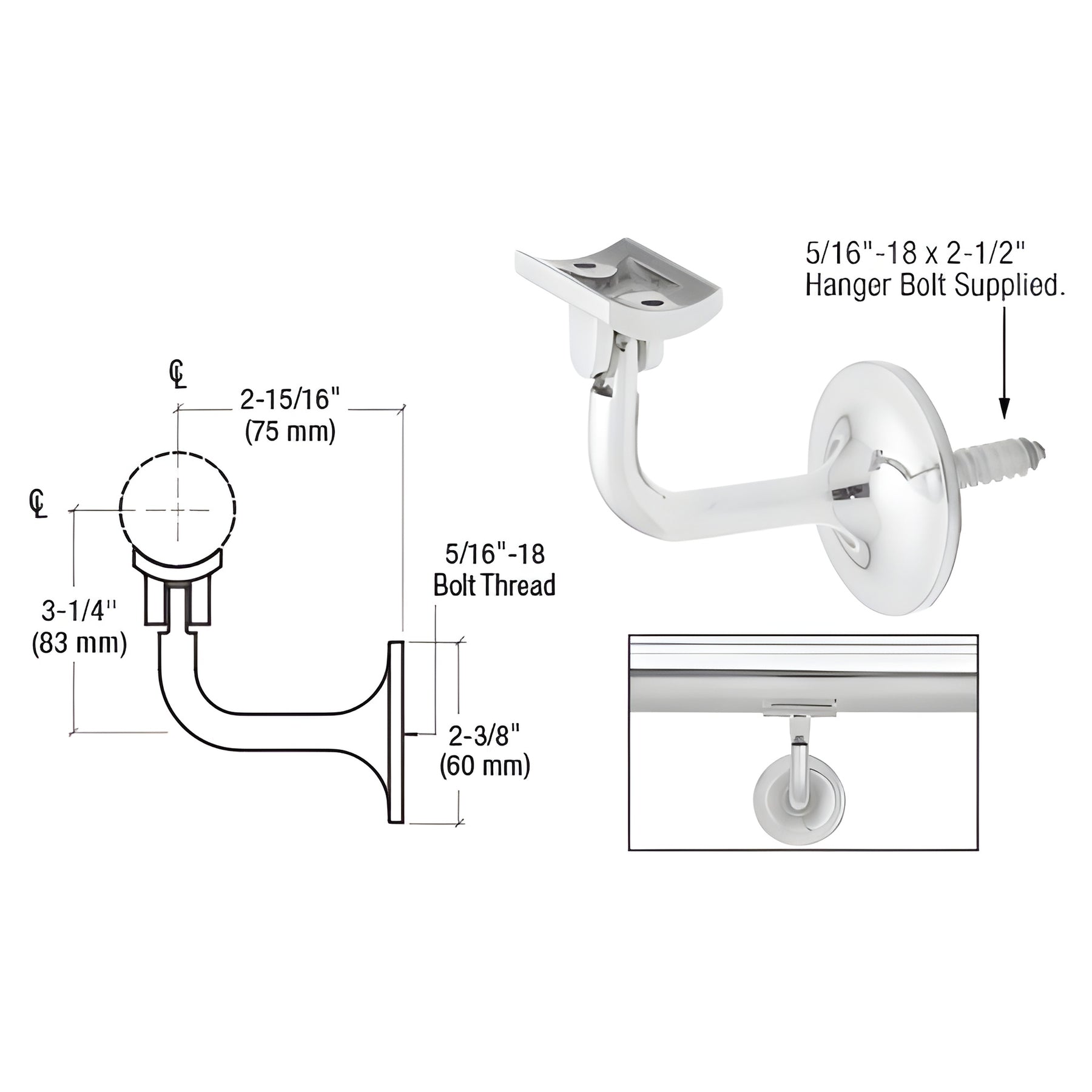 CRL Polished Stainless La Jolla Series Wall Mounted Hand Rail Bracket for 1.9" to 2" Hand Rail Tubing