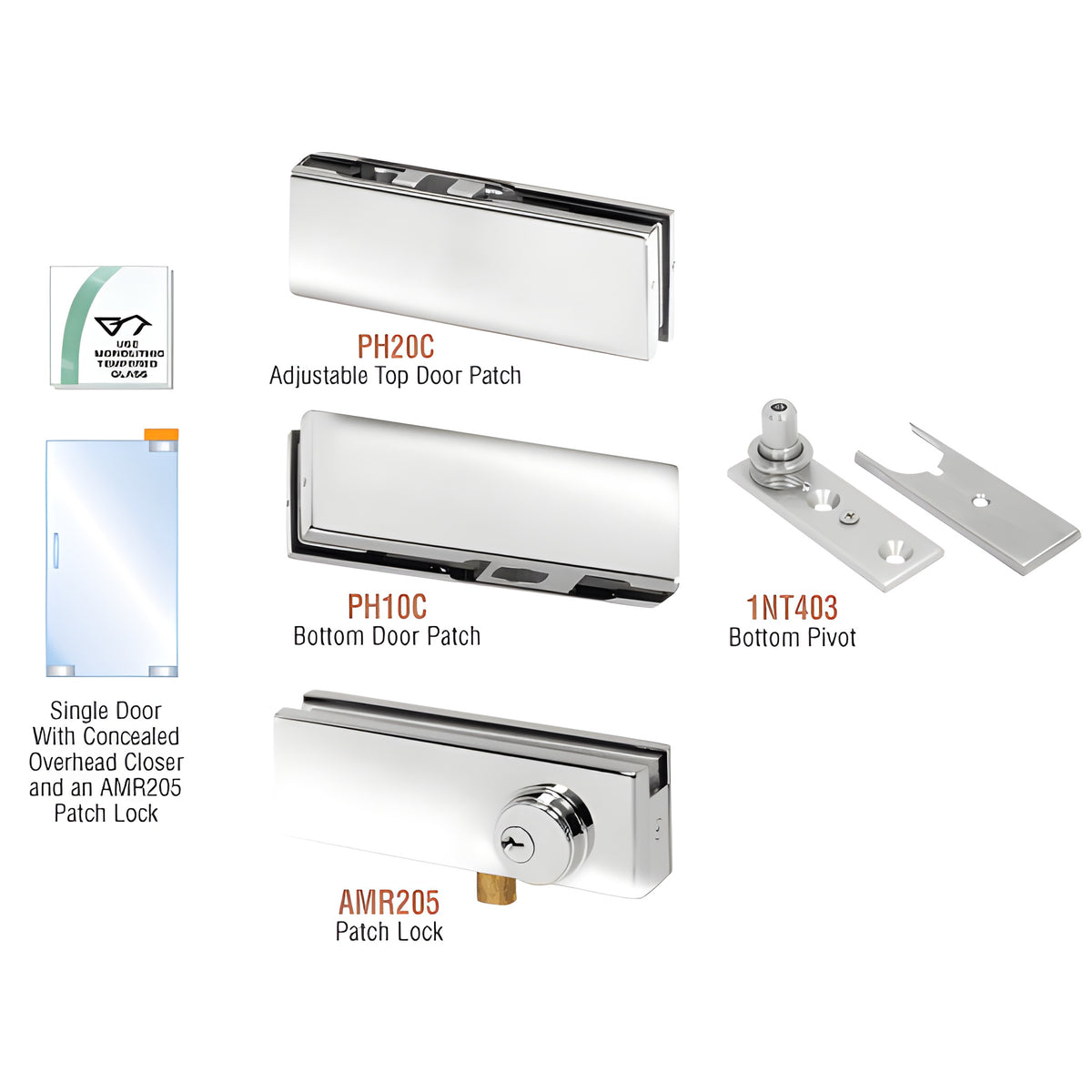 CRL Polished Stainless North American Patch Door Kit for Use with Overhead Door Closer - With Lock