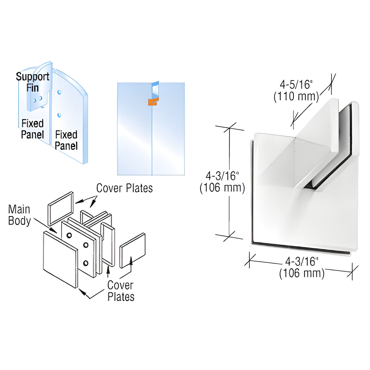 CRL Polished Stainless Patch Connector with Support Fin Bracket