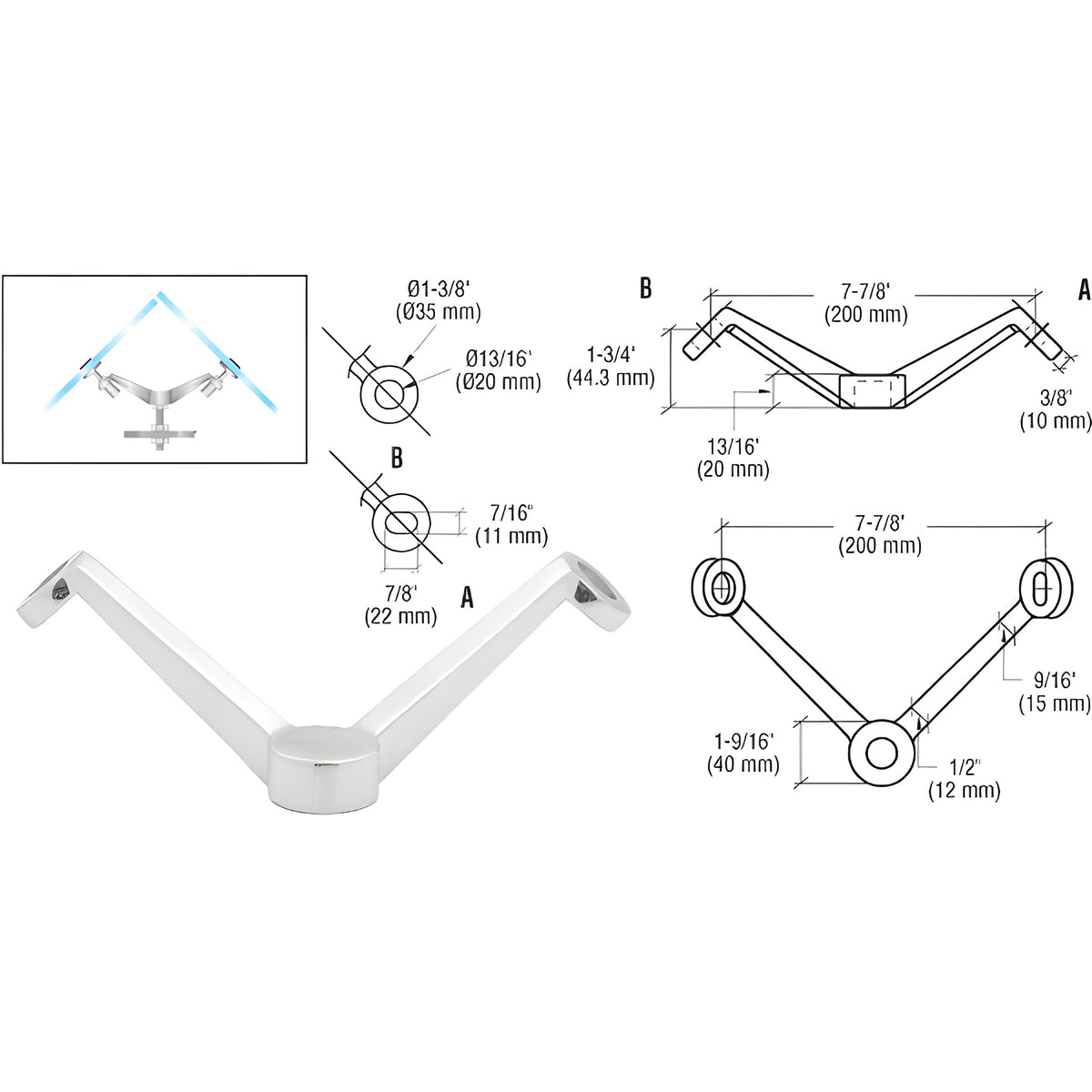 CRL Polished Stainless Regular Duty Spider Fitting 90 Degree 2V Arm Column Mount