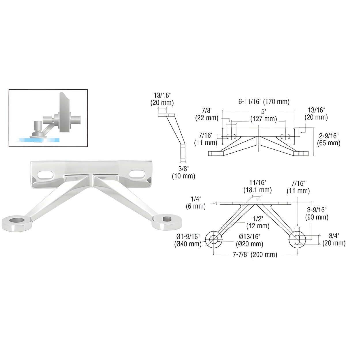 CRL Polished Stainless Regular Duty Spider Fitting Double Arm "V" Wall Mount Frame
