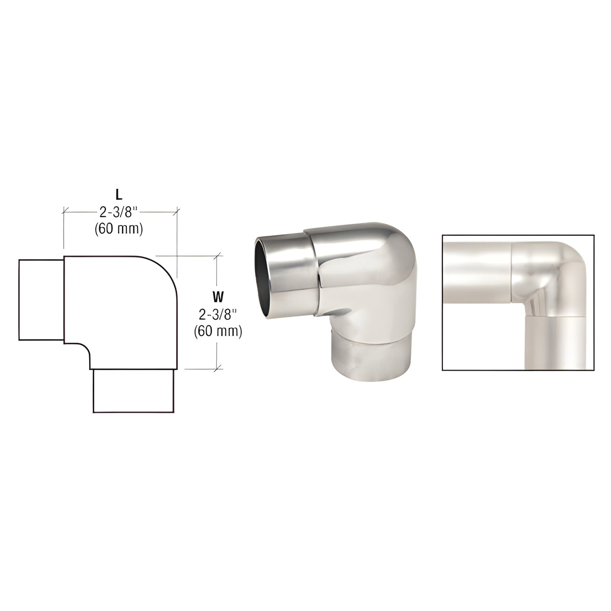 CRL Polished Stainless Sharp Radius 90 Degree Corner for 2" Tubing