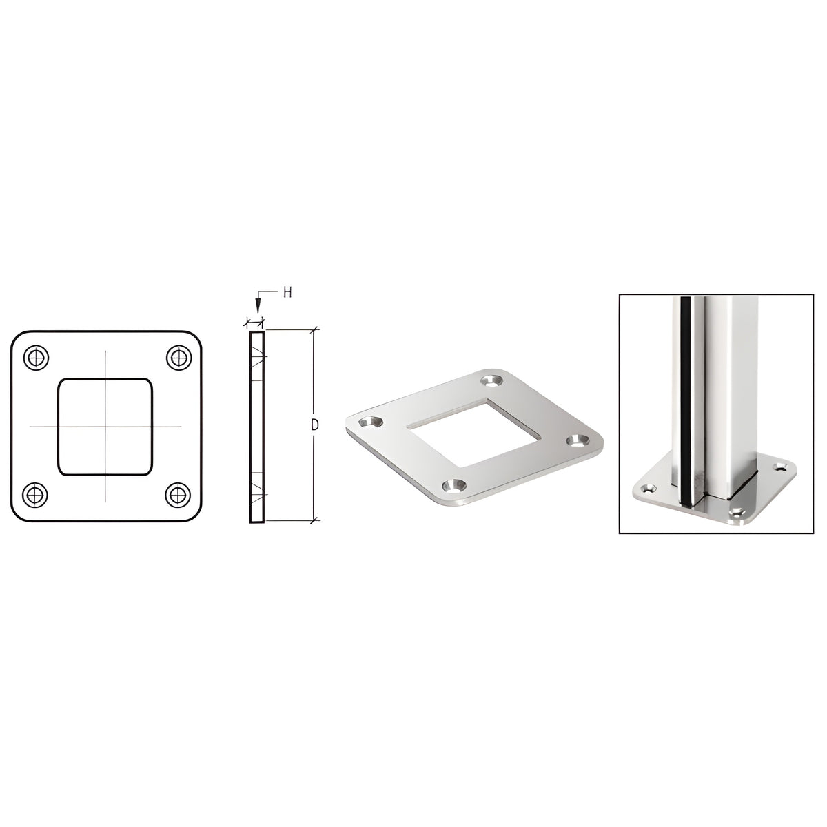 CRL Polished Stainless Square Base Plate for 1-1/2" Square Tubing