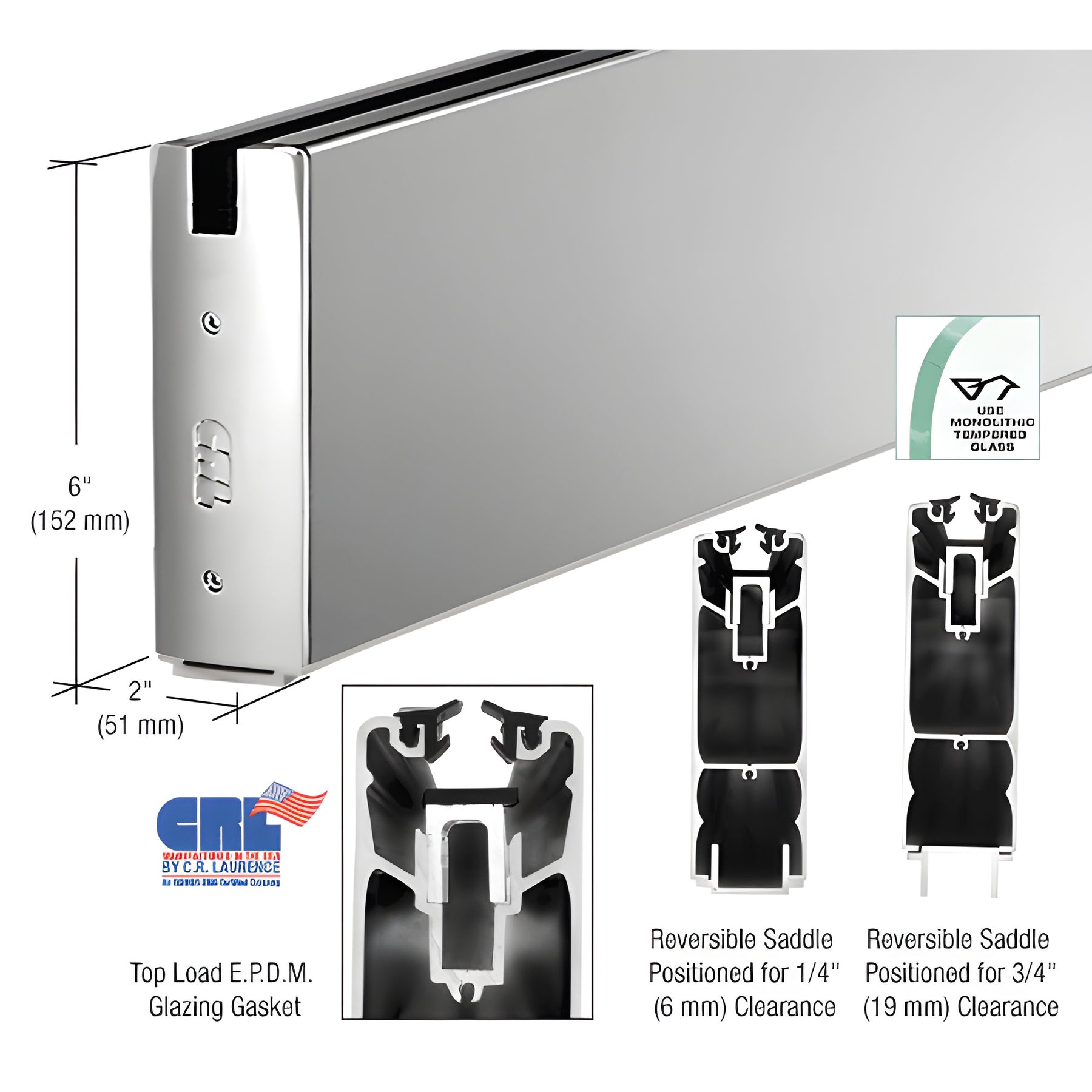 CRL Polished Stainless Steel 6" x 120" Length Square Sidelite Rail