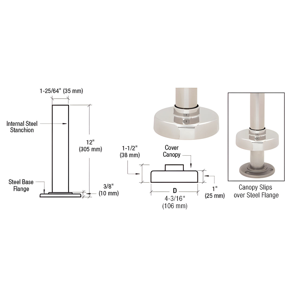 CRL Polished Stainless Steel Flange and Canopy for 1-1/2" Tubing