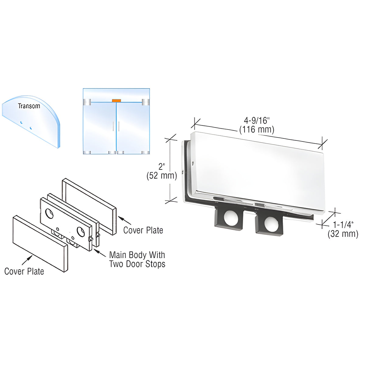 CRL Polished Stainless Transom Mounted Connector with Two Reversible Door Stops