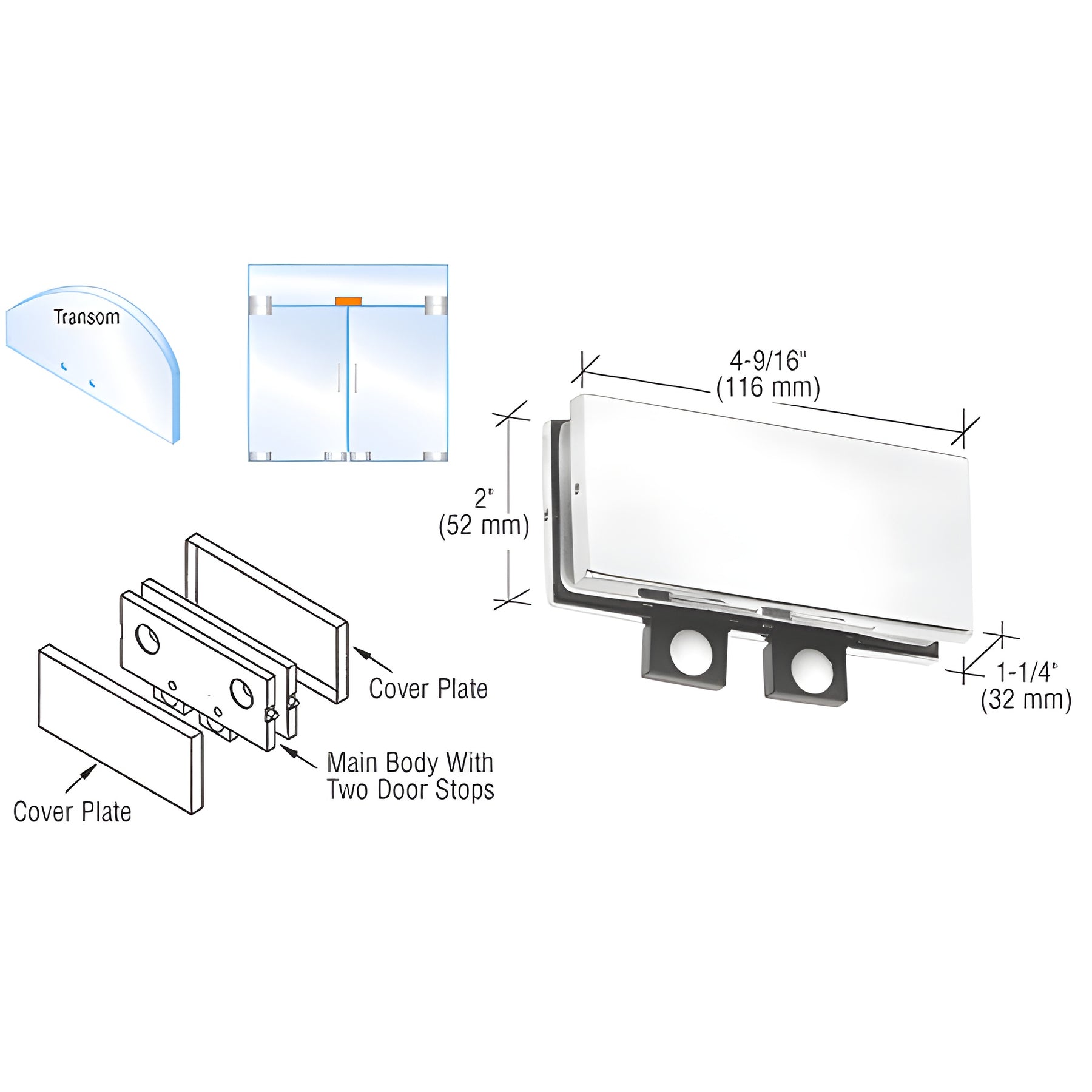 CRL Polished Stainless Transom Mounted Connector with Two Reversible Door Stops