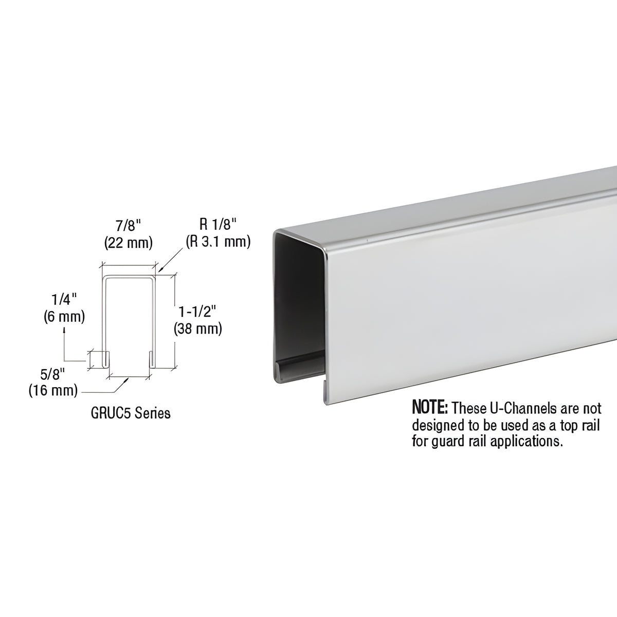 CRL Polished Stainless U-Channel Cap for 1/2" or 5/8" Glass