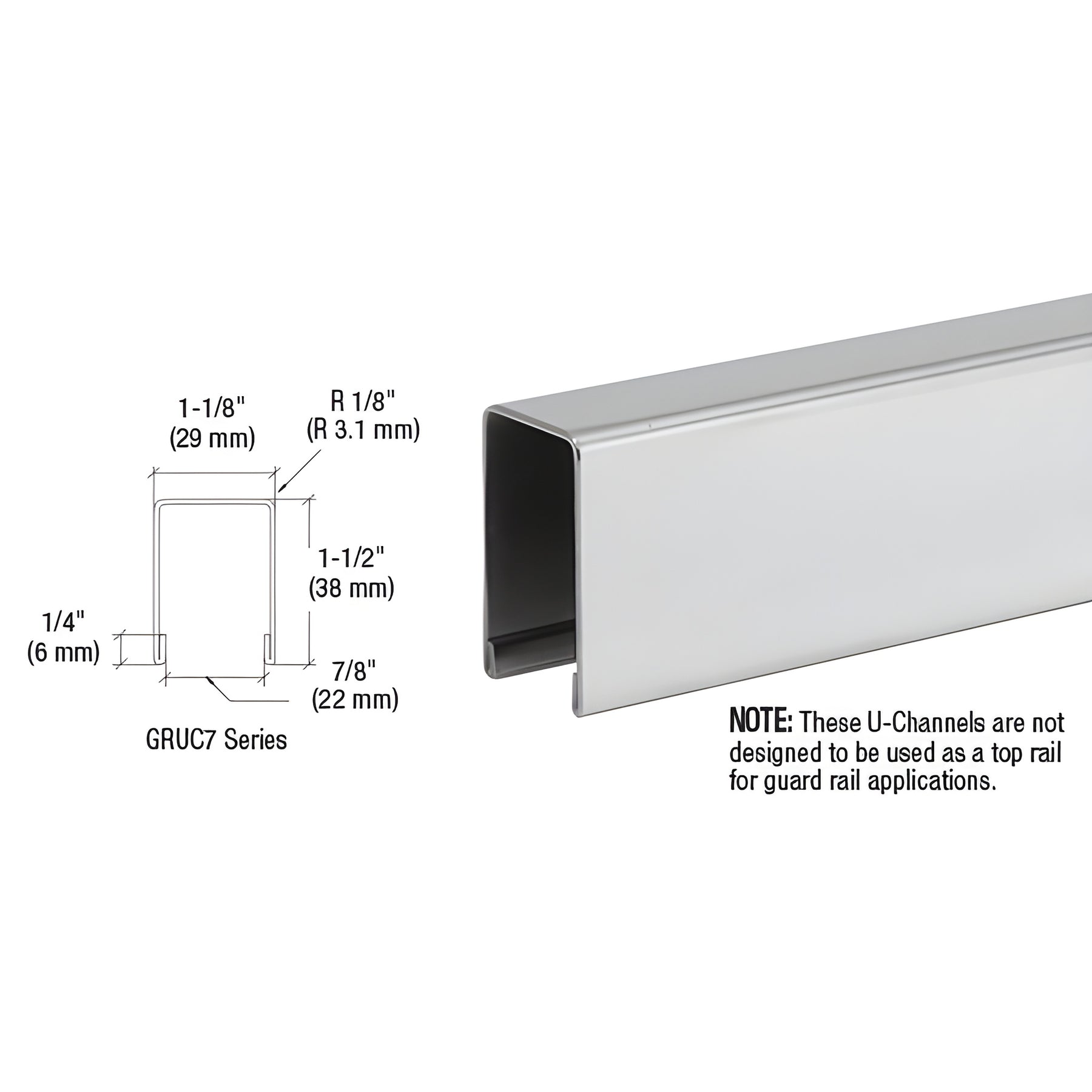 CRL Polished Stainless U-Channel Cap for 3/4" Glass