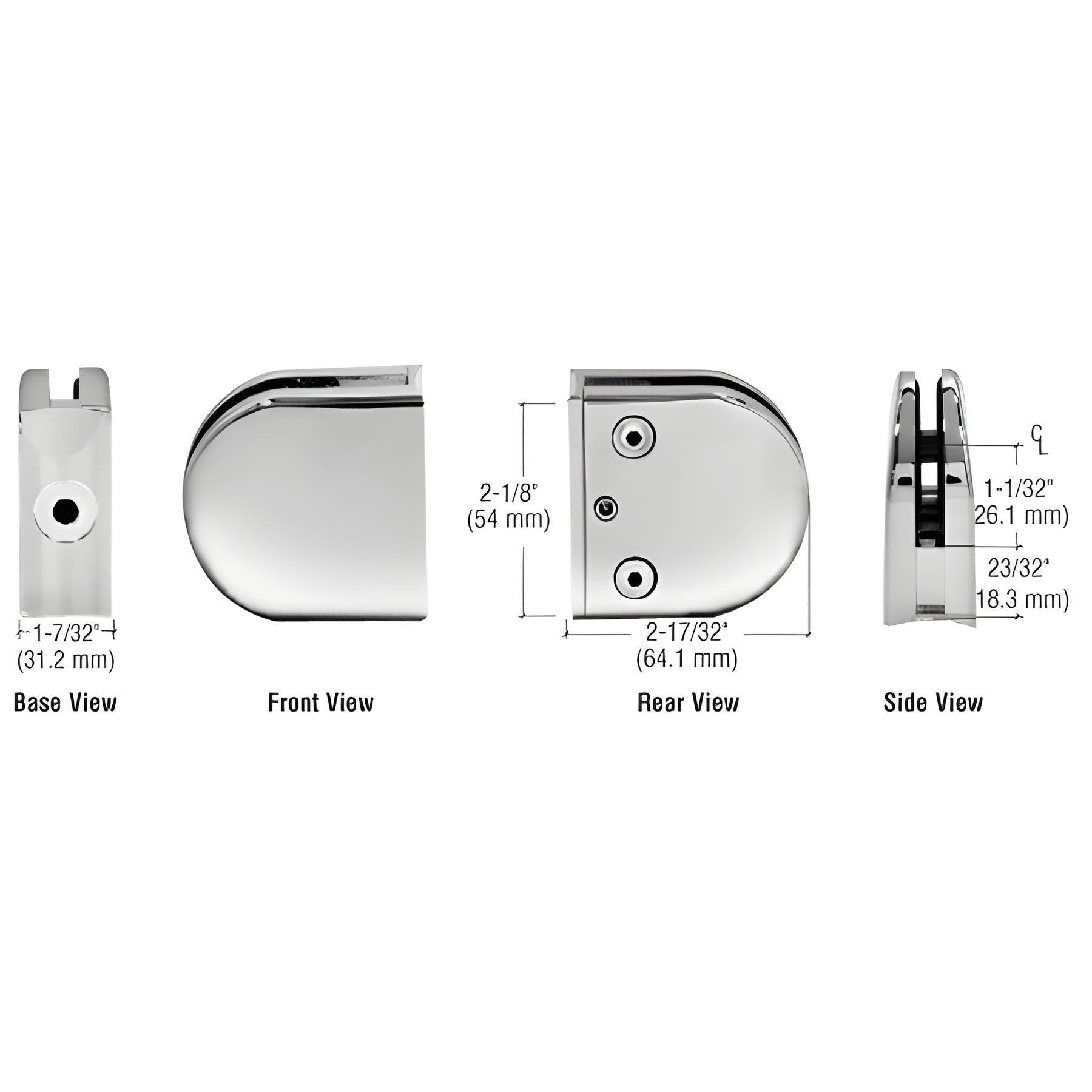 CRL Polished Stainless Z-Series Round Type 1-1/2" Radius Base Stainless Steel Clamp for 1/2" Glass