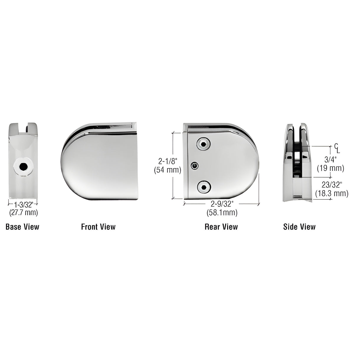 CRL Polished Stainless Z-Series Round Type 2" Radius Base Stainless Steel Clamp for 3/8" Glass