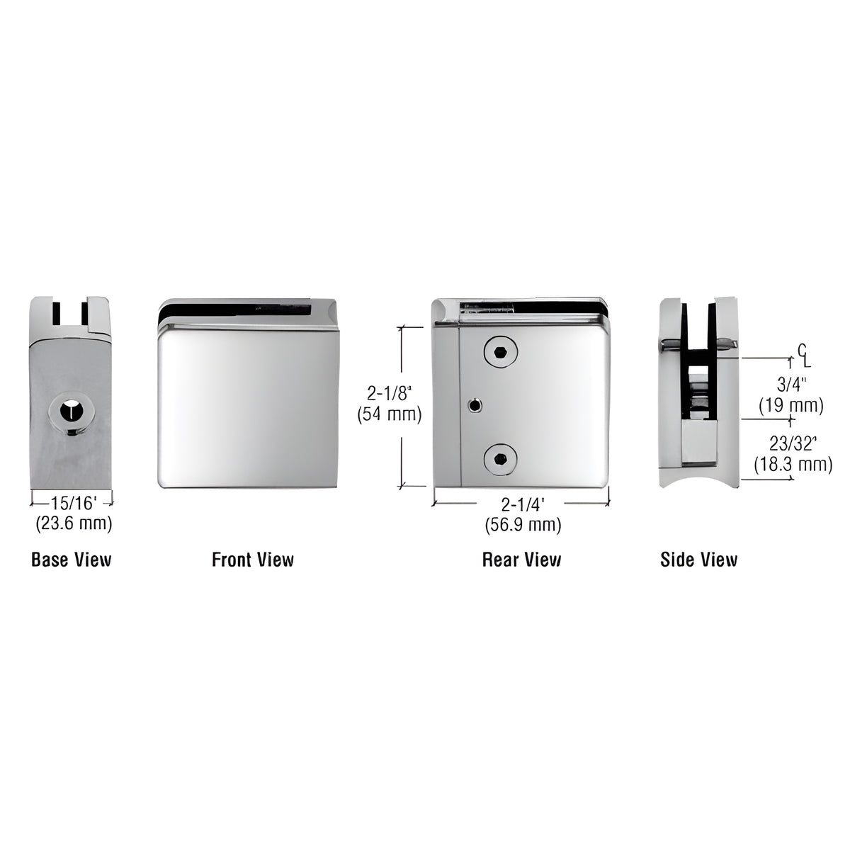 CRL Polished Stainless Z-Series Square Type Radius Base Stainless Steel Clamp for 1/4" and 5/16" Glass