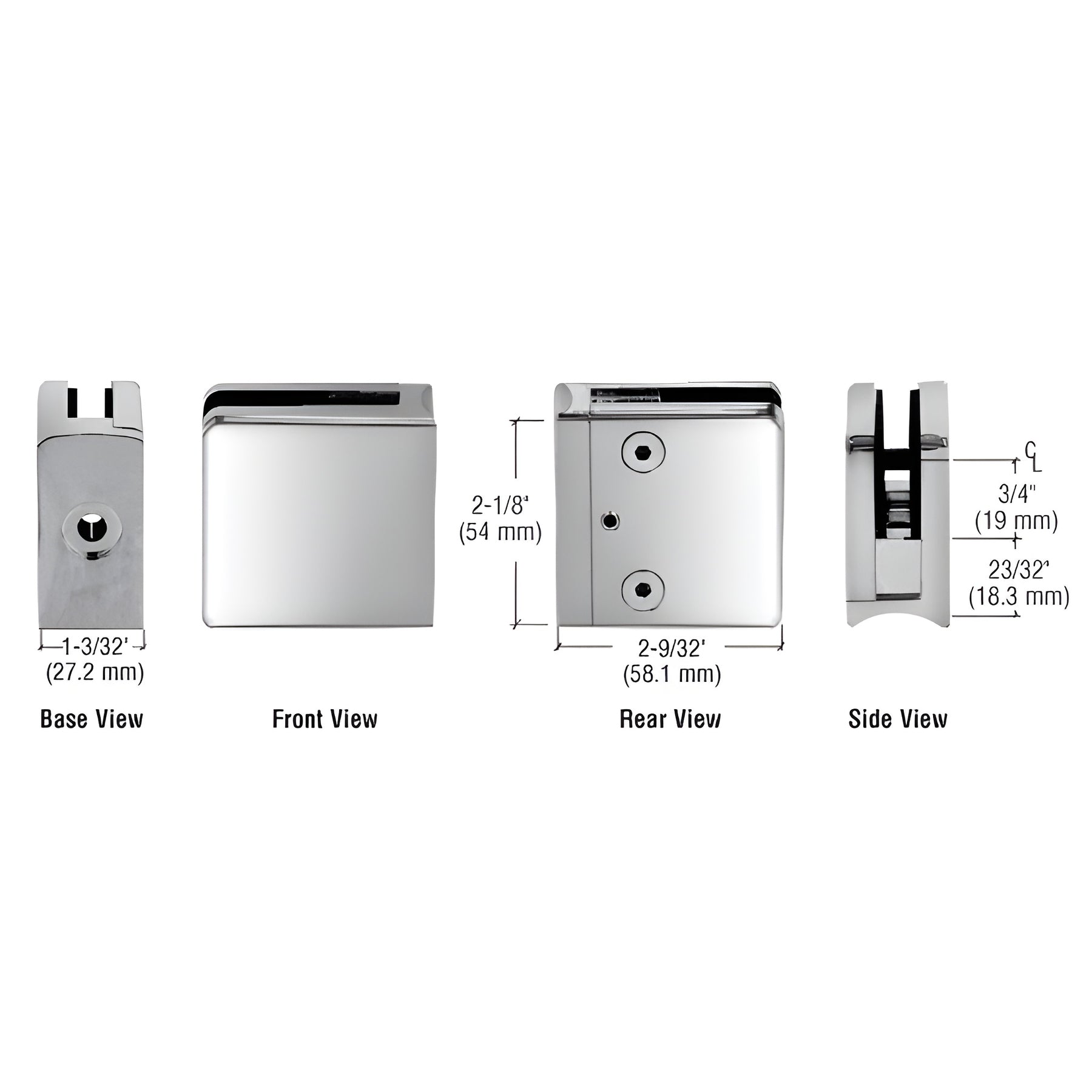 CRL Polished Stainless Z-Series Square Type Radius Base Stainless Steel Clamp for 3/8" Glass