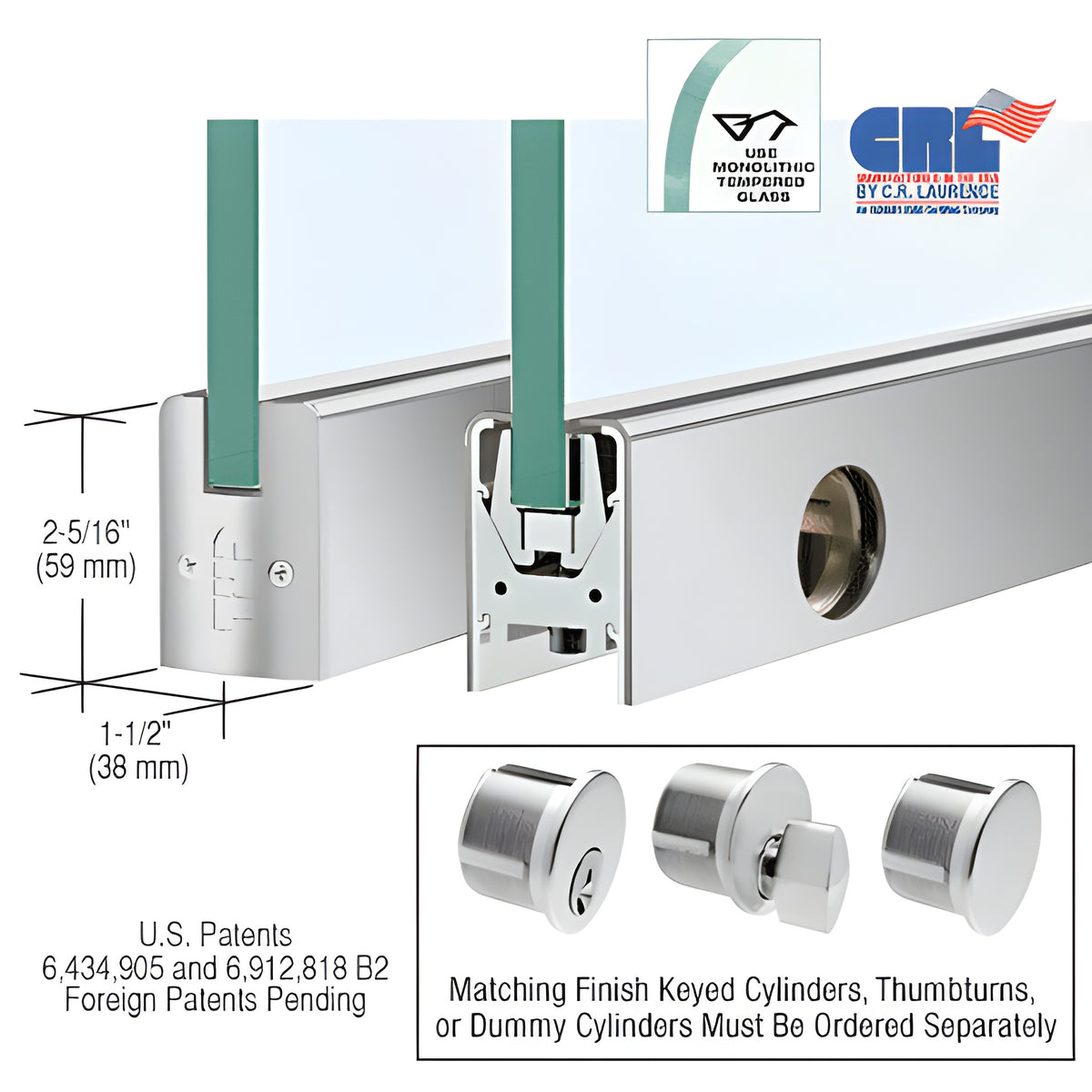 CRL Satin Anodized 1/2" Glass Low Profile Square Door Rail With Lock - 35-3/4" Length