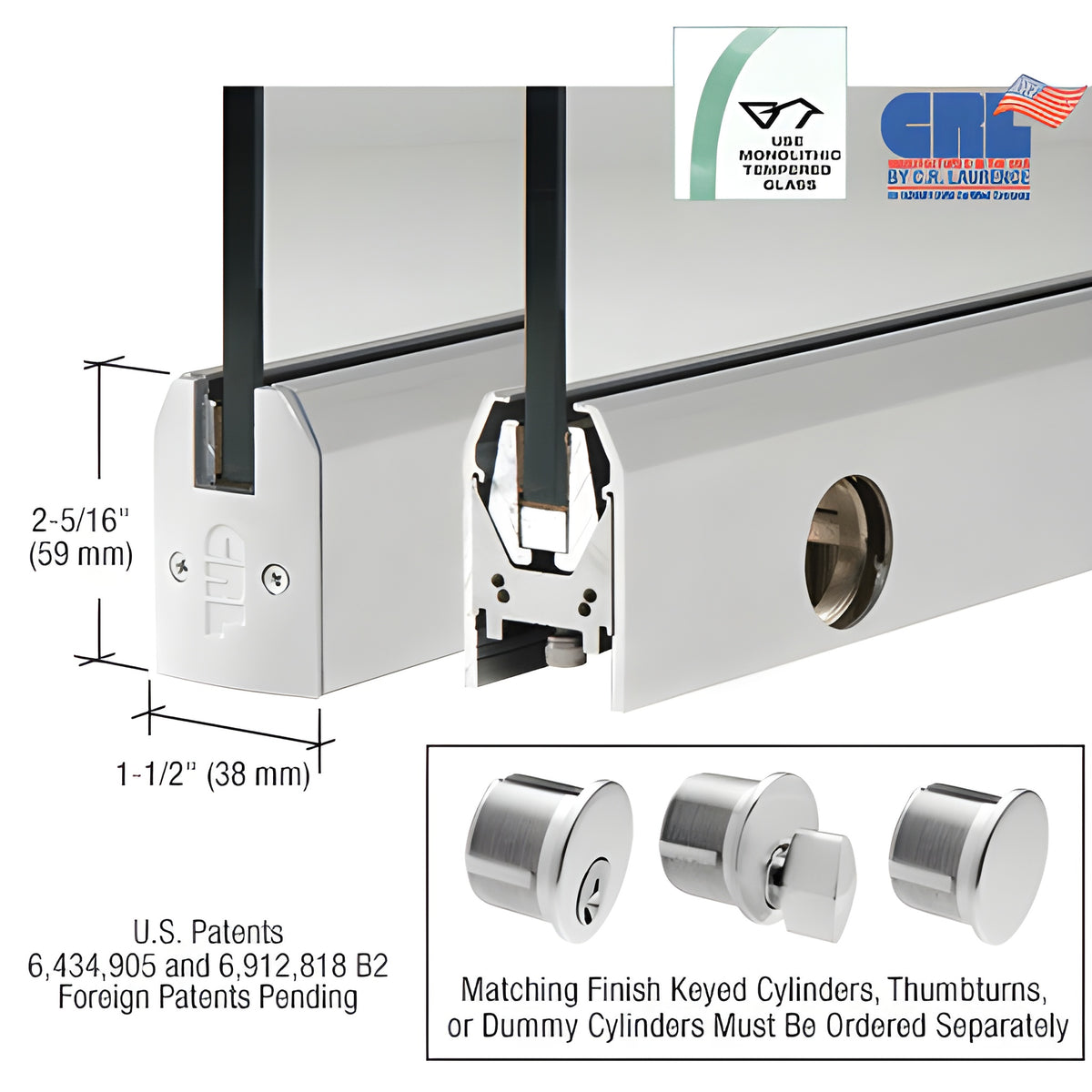 CRL Satin Anodized 1/2" Glass Low Profile Tapered Door Rail With Lock - Custom Length