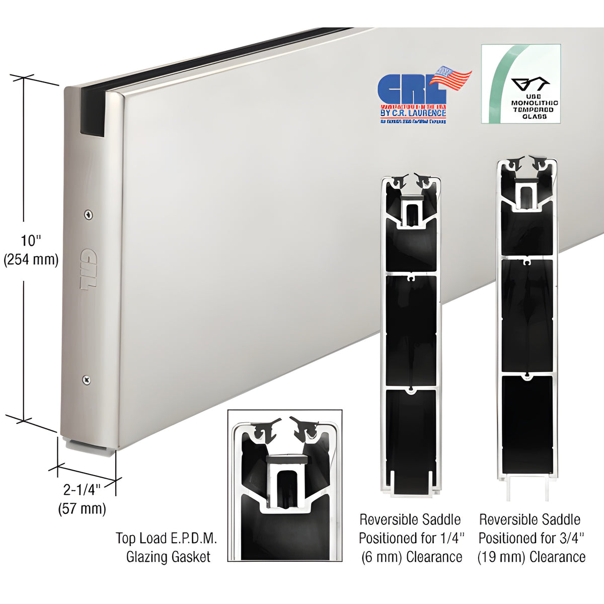 CRL Satin Anodized 10" x 240" Length Square Sidelite Rail for 5/8" or 3/4" Glass