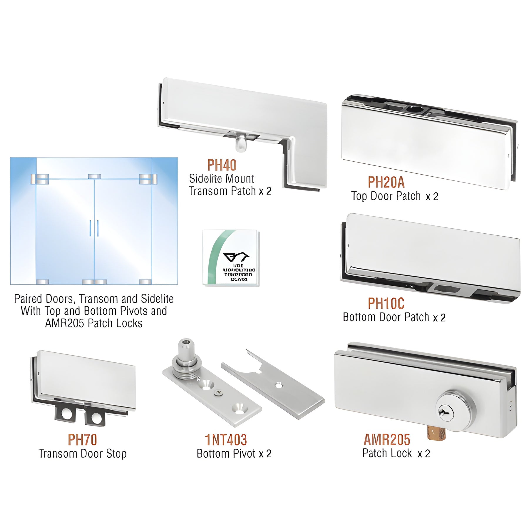 CRL Satin Anodized North American Patch Door Kit for Double Doors for Use with Fixed Transom and Two Sidelites - With Lock