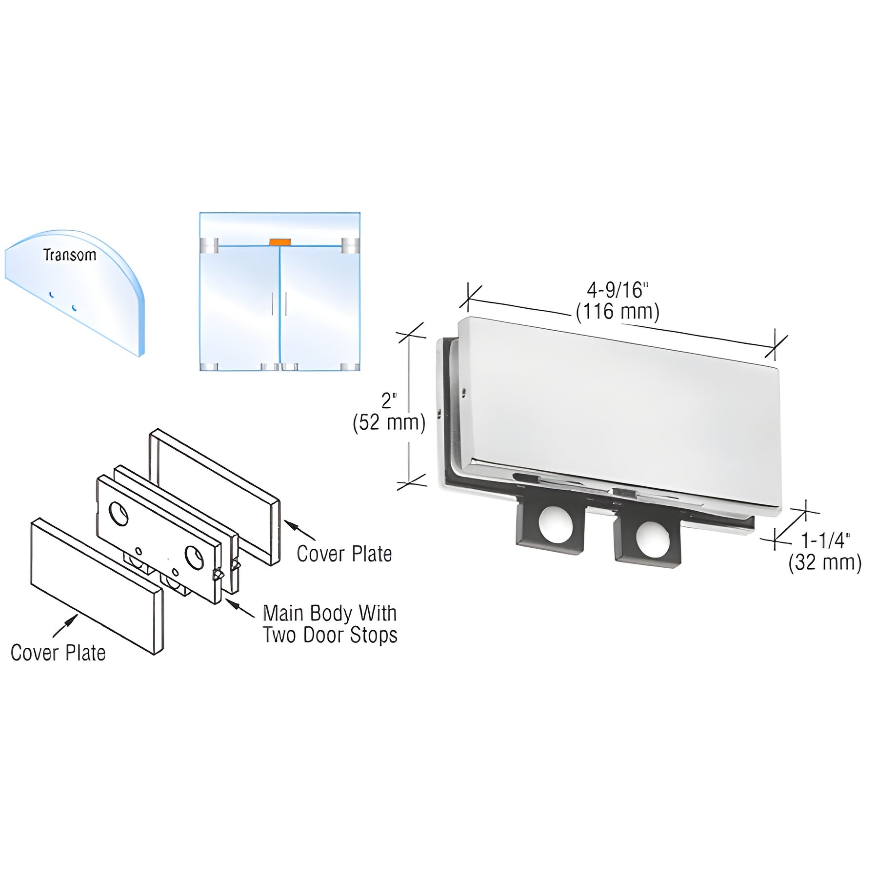 CRL Satin Anodized Transom Mounted Connector With Two Reversible Door Stops