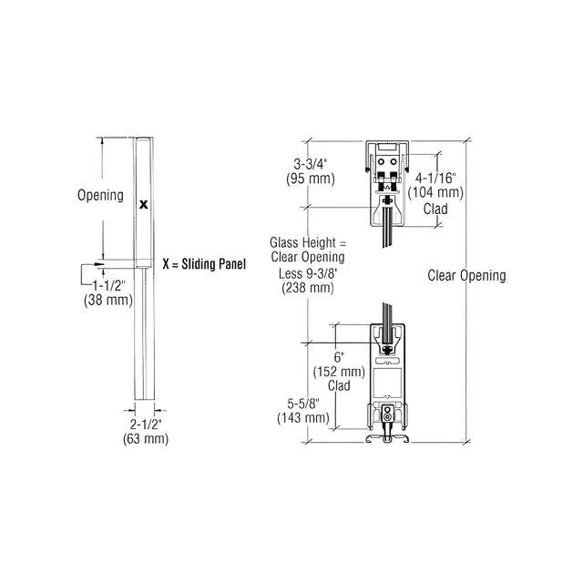 CRL Satin Anodized X-/-X Format Sliding Door Entrance System - 4" Square Top 6" Square Bottom Rail
