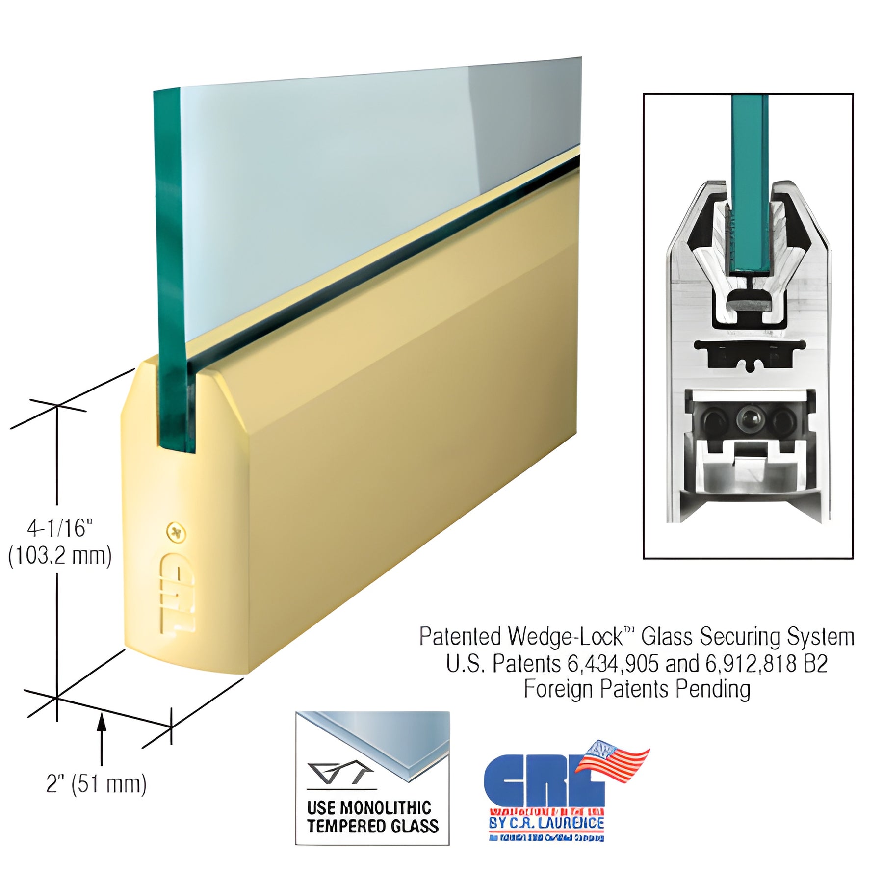 CRL Satin Brass 1/2" Glass 4" Tapered Door Rail Without Lock - Custom Length