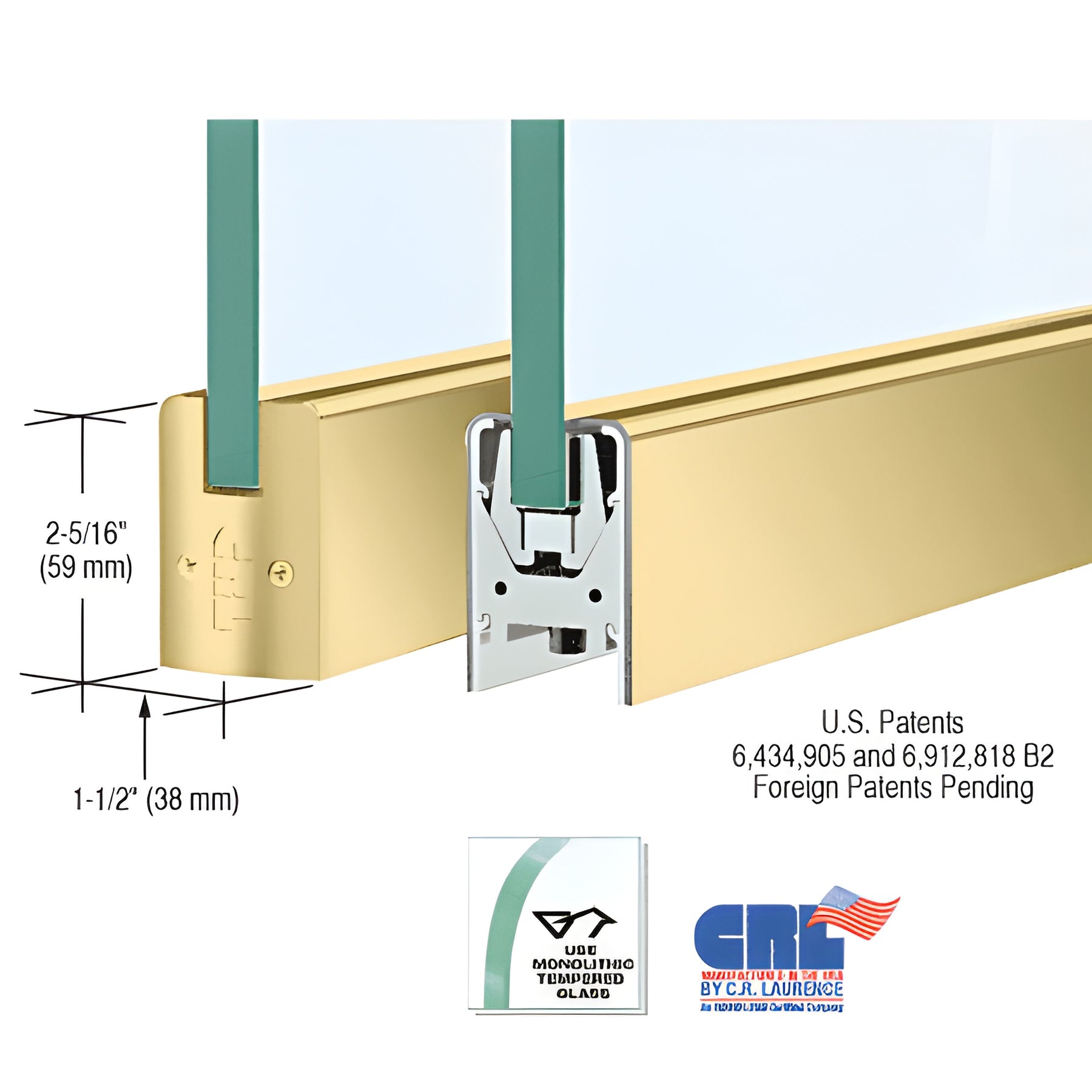CRL Satin Brass 3/8" Glass Low Profile Square Door Rail Without Lock - Custom Length
