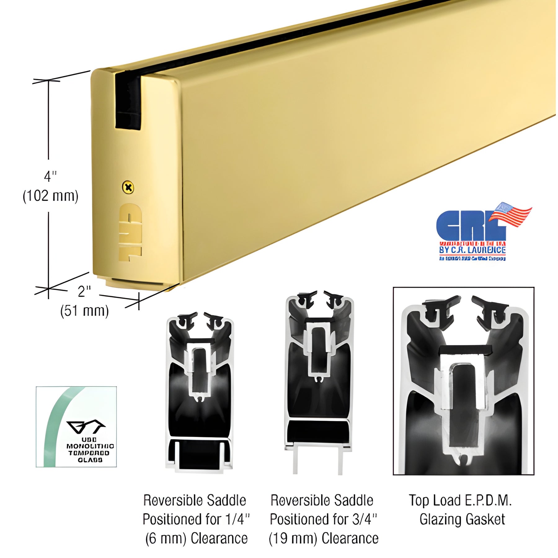 CRL Satin Brass 4" Custom Length Square Sidelite Rail for 3/8" and 1/2" Glass