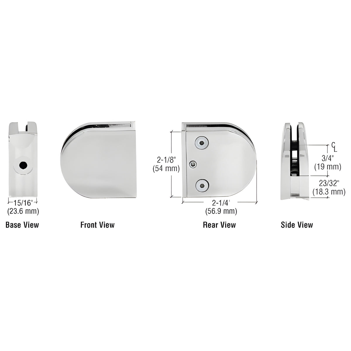 CRL Satin Chrome Z-Series Round Type 2" Radius Base Clamp for 1/4" and 5/16" Glass