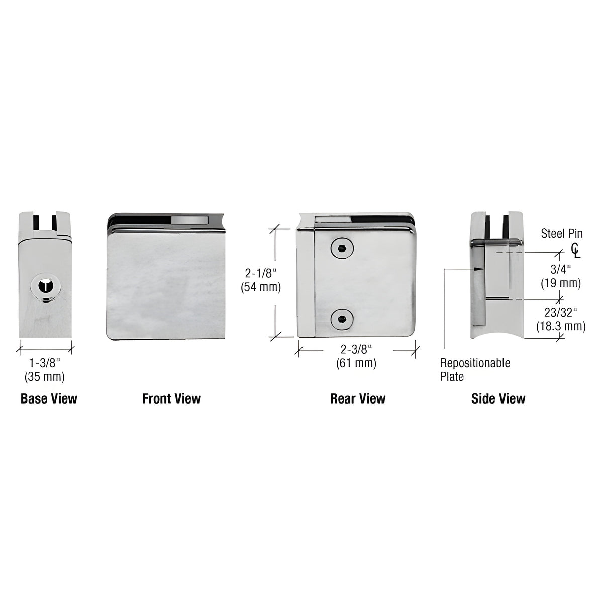 CRL Satin Chrome Z-Series Square Type Radius Base Zinc Clamps for 3/8" and 1/2" Glass with Repositionable Plate