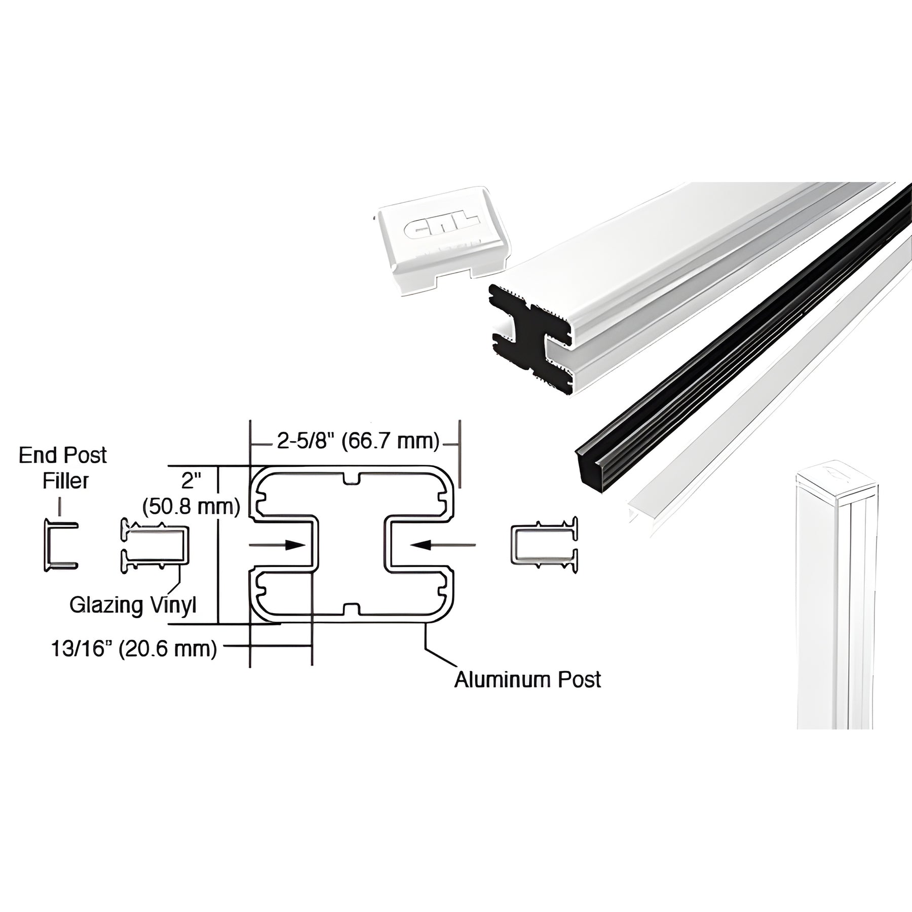 CRL Sky White AWS 2" x 2-5/8" Rectangular 180 Degree 48" End Post Kit